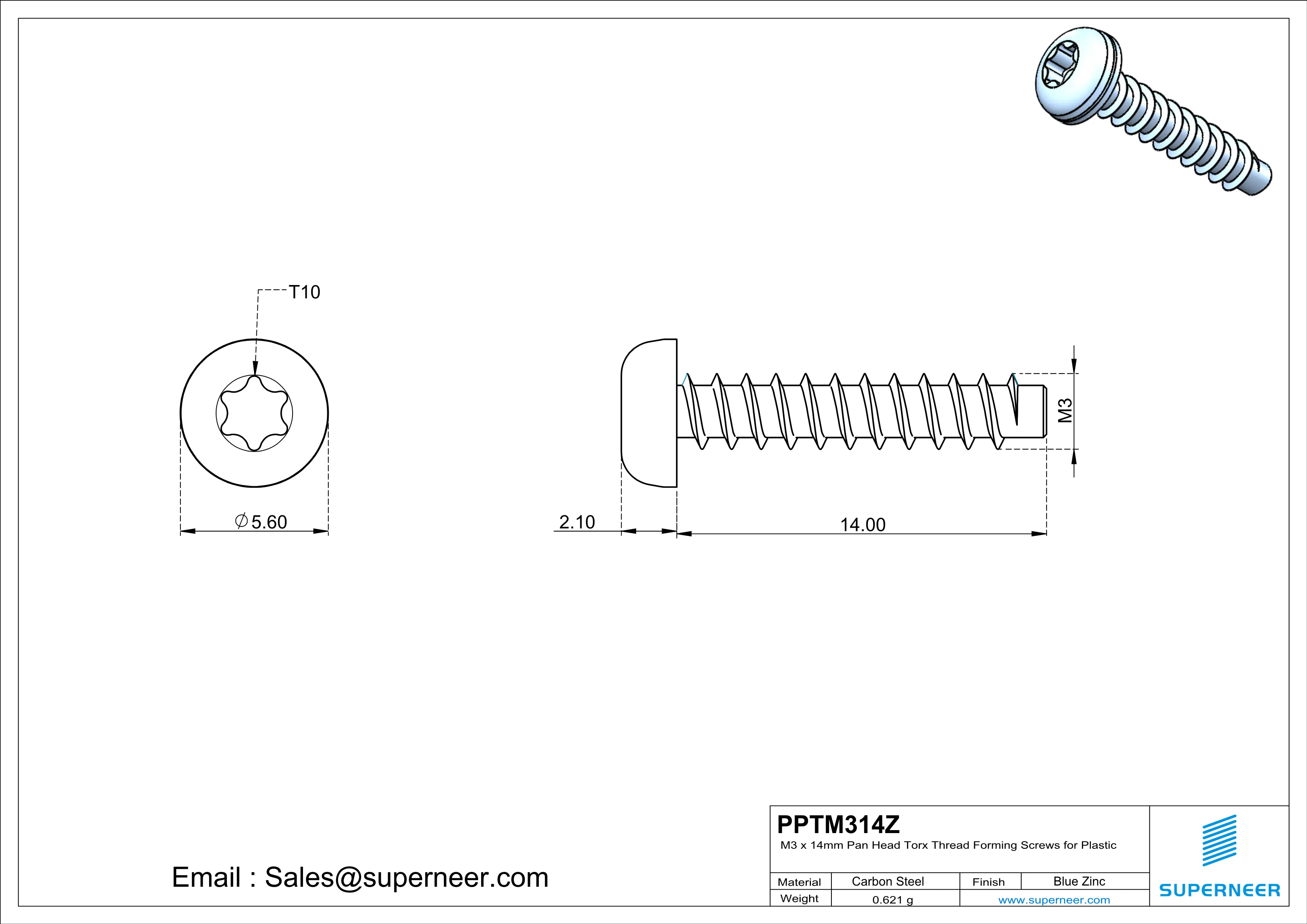 M3 &times; 14mm  Pan Head Torx Thread Foming Screws for Plastic   Steel Blue Zinc Plated