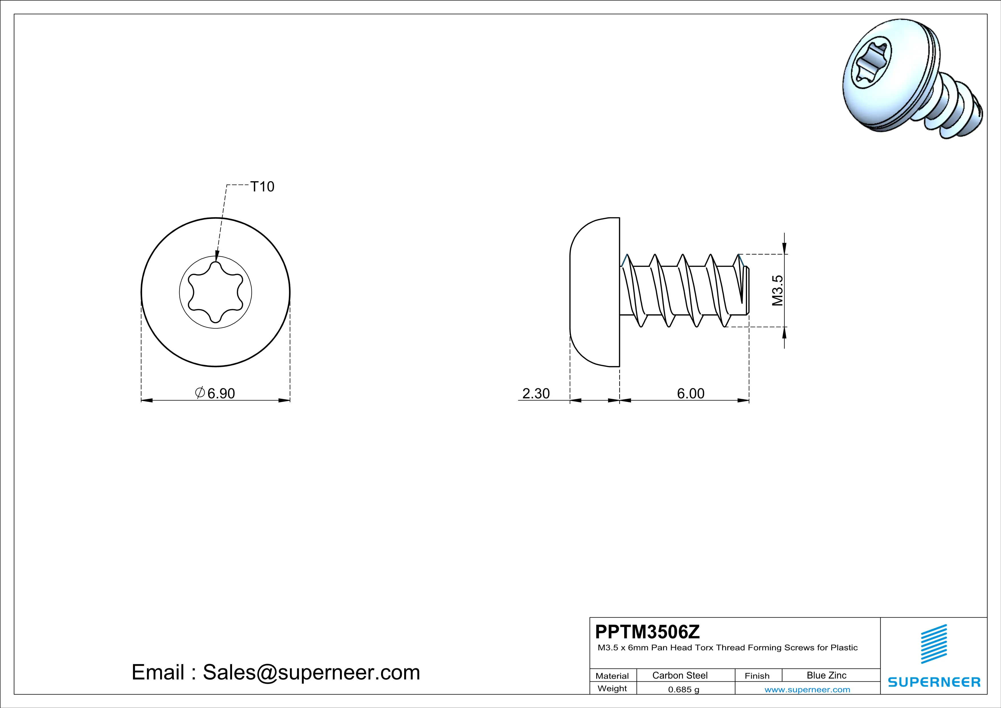 M3.5 &times; 6mm  Pan Head Torx Thread Foming Screws for Plastic   Steel Blue Zinc Plated