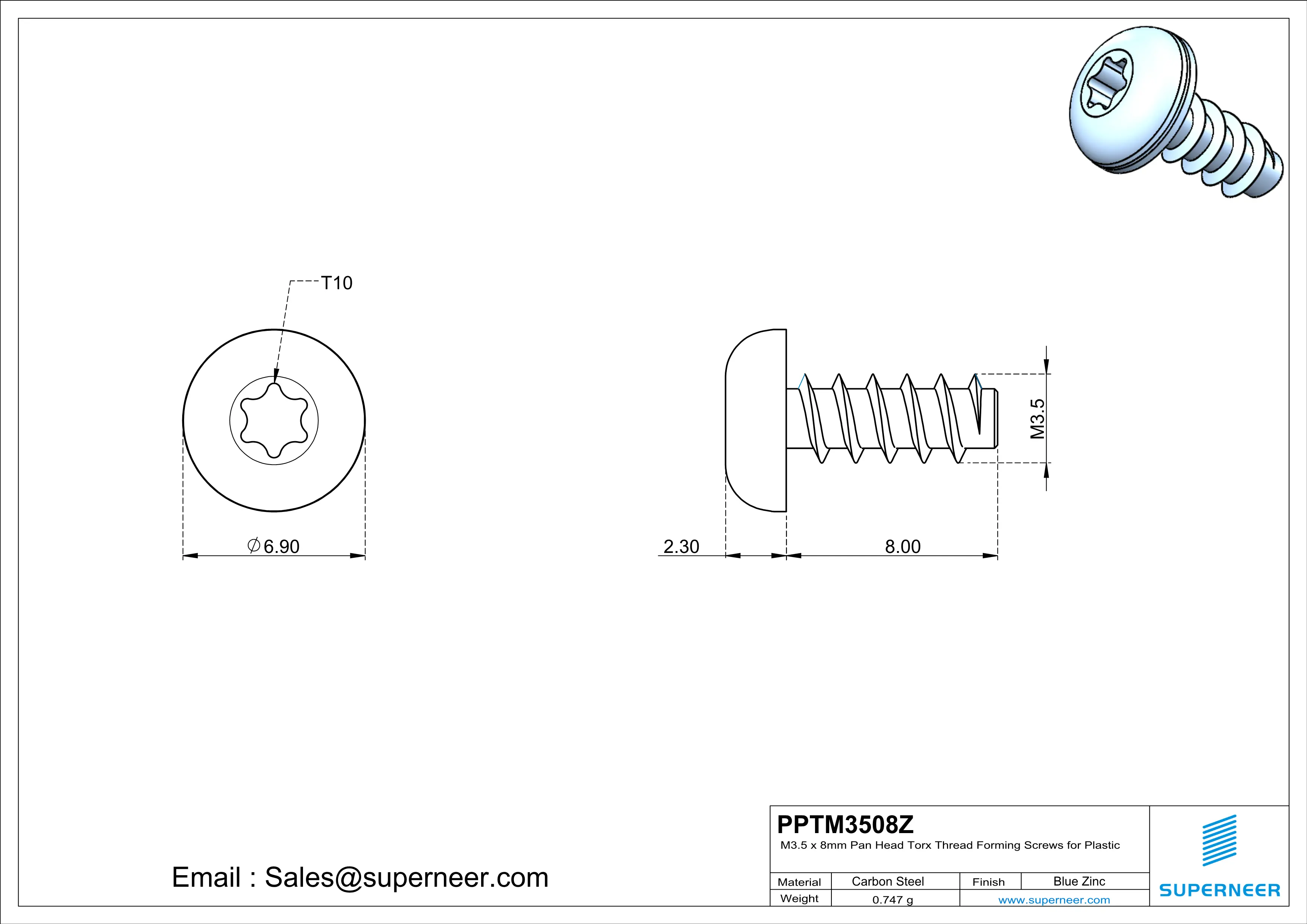 M3.5 &times; 8mm  Pan Head Torx Thread Foming Screws for Plastic   Steel Blue Zinc Plated