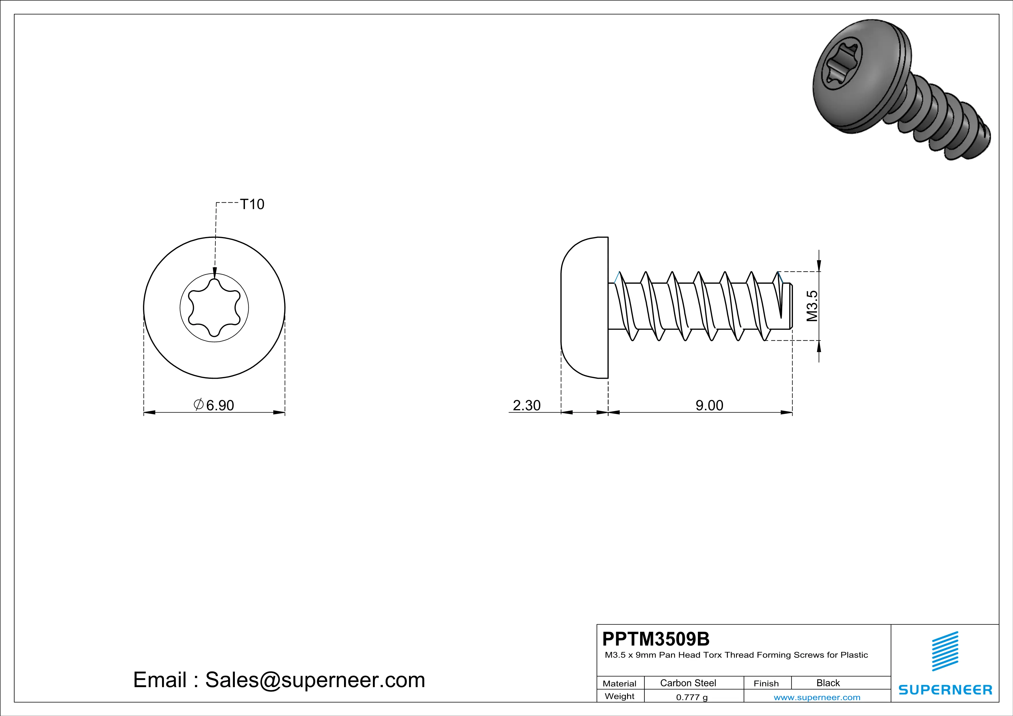 M3.5 &times; 9mm  Pan Head Torx Thread Foming Screws for Plastic   Steel Black