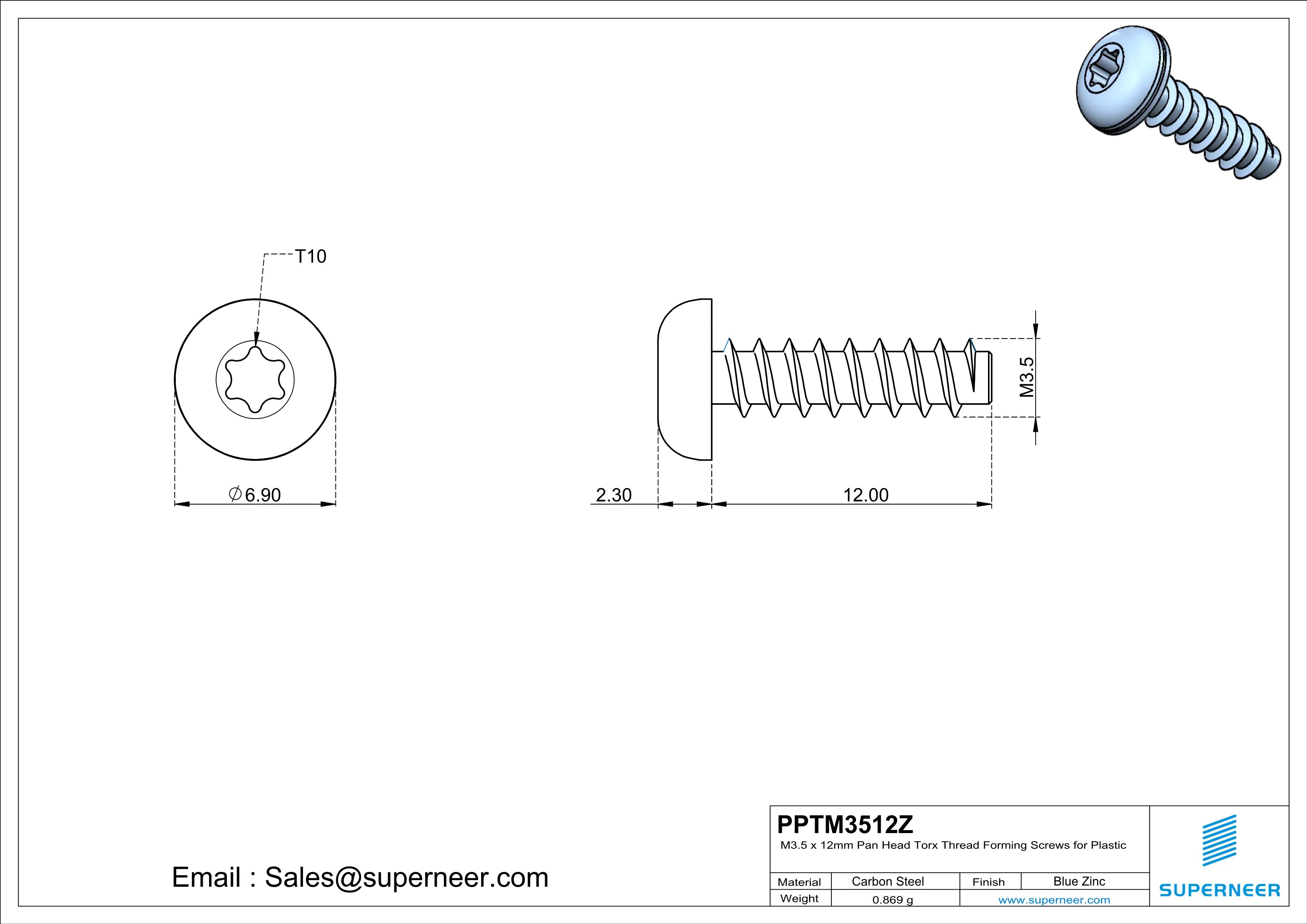 M3.5 &times; 12mm  Pan Head Torx Thread Foming Screws for Plastic   Steel Blue Zinc Plated