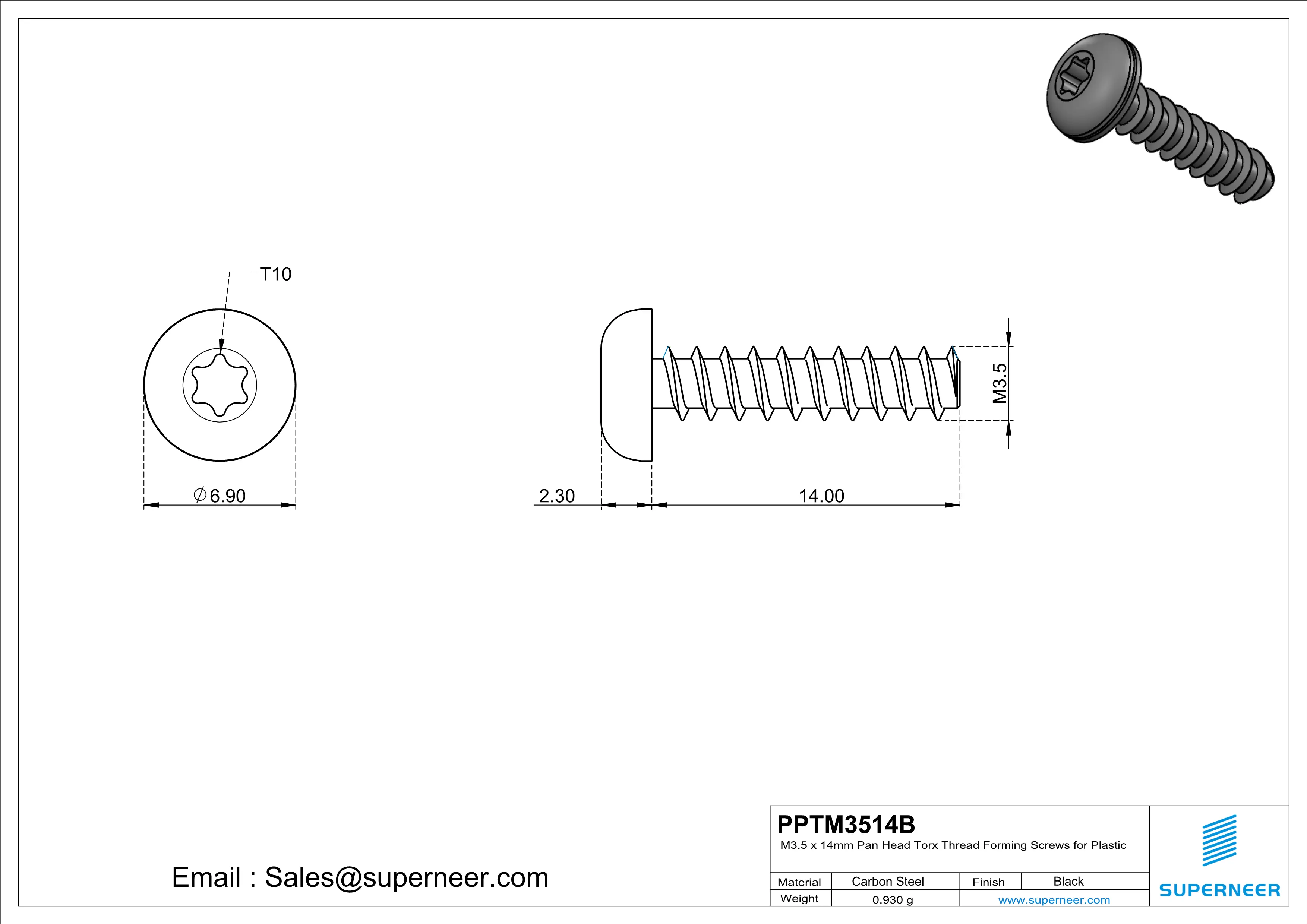 M3.5 &times; 14mm  Pan Head Torx Thread Foming Screws for Plastic   Steel Black