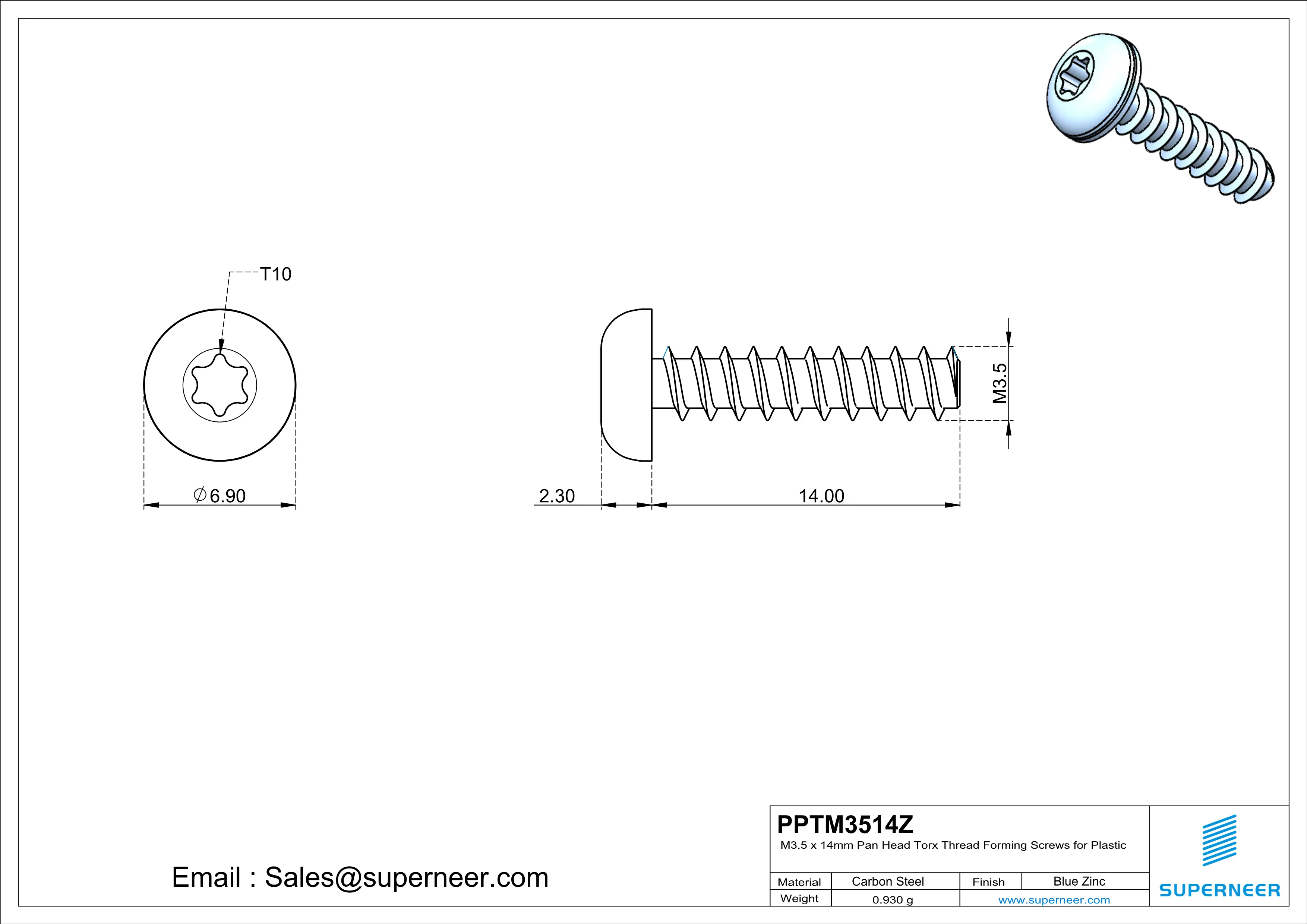 M3.5 &times; 14mm  Pan Head Torx Thread Foming Screws for Plastic   Steel Blue Zinc Plated
