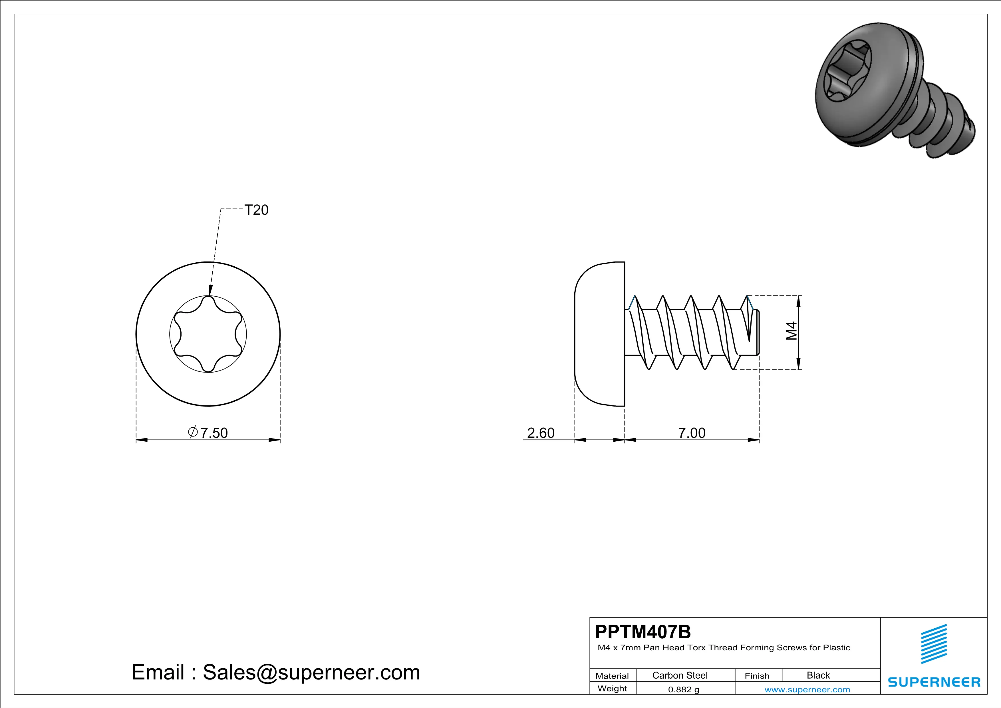 M4 &times; 7mm  Pan Head Torx Thread Foming Screws for Plastic   Steel Black