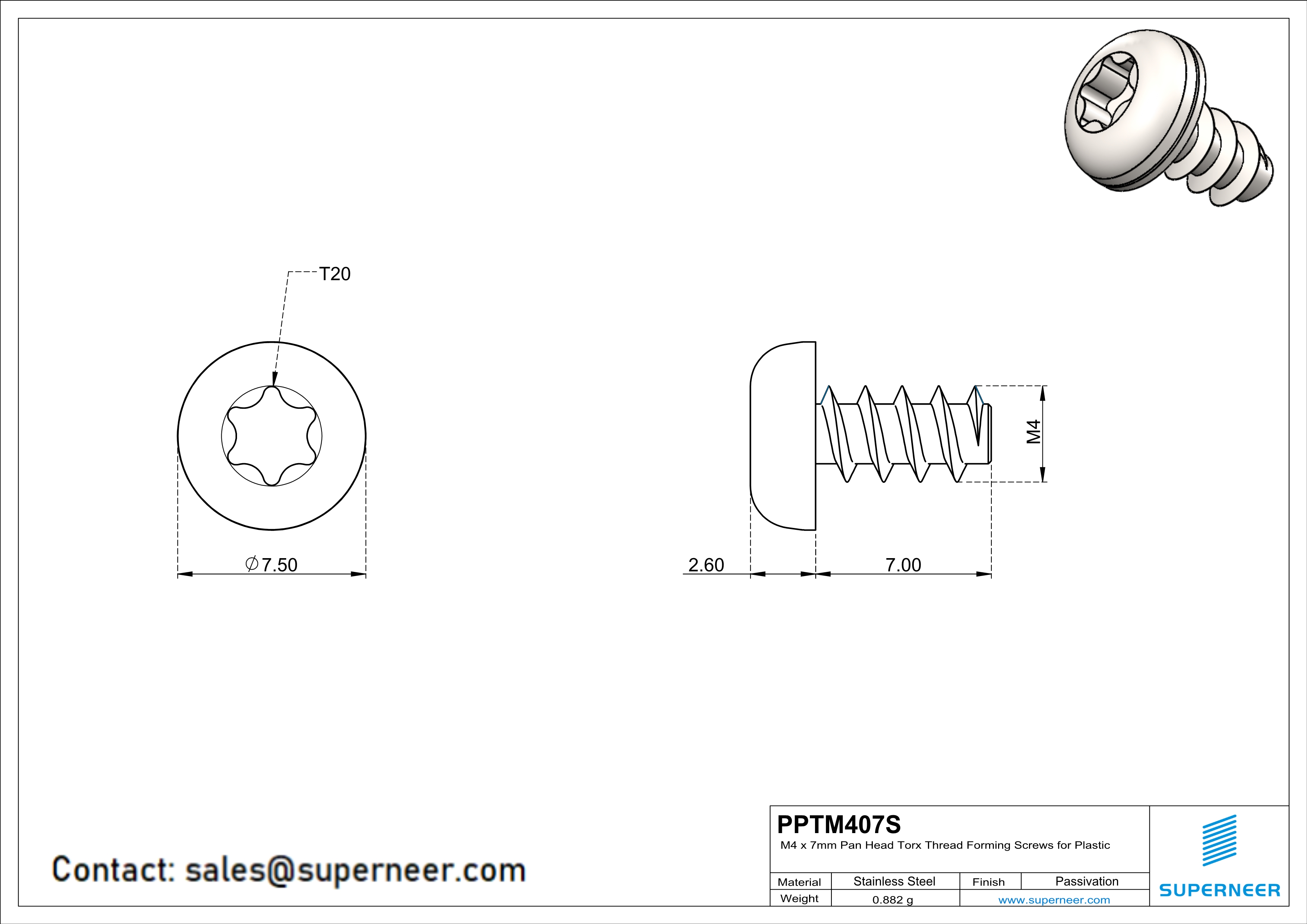 M4 &times; 7mm  Pan Head Torx Thread Foming Screws for Plastic SUS304 Stainless Steel Inox