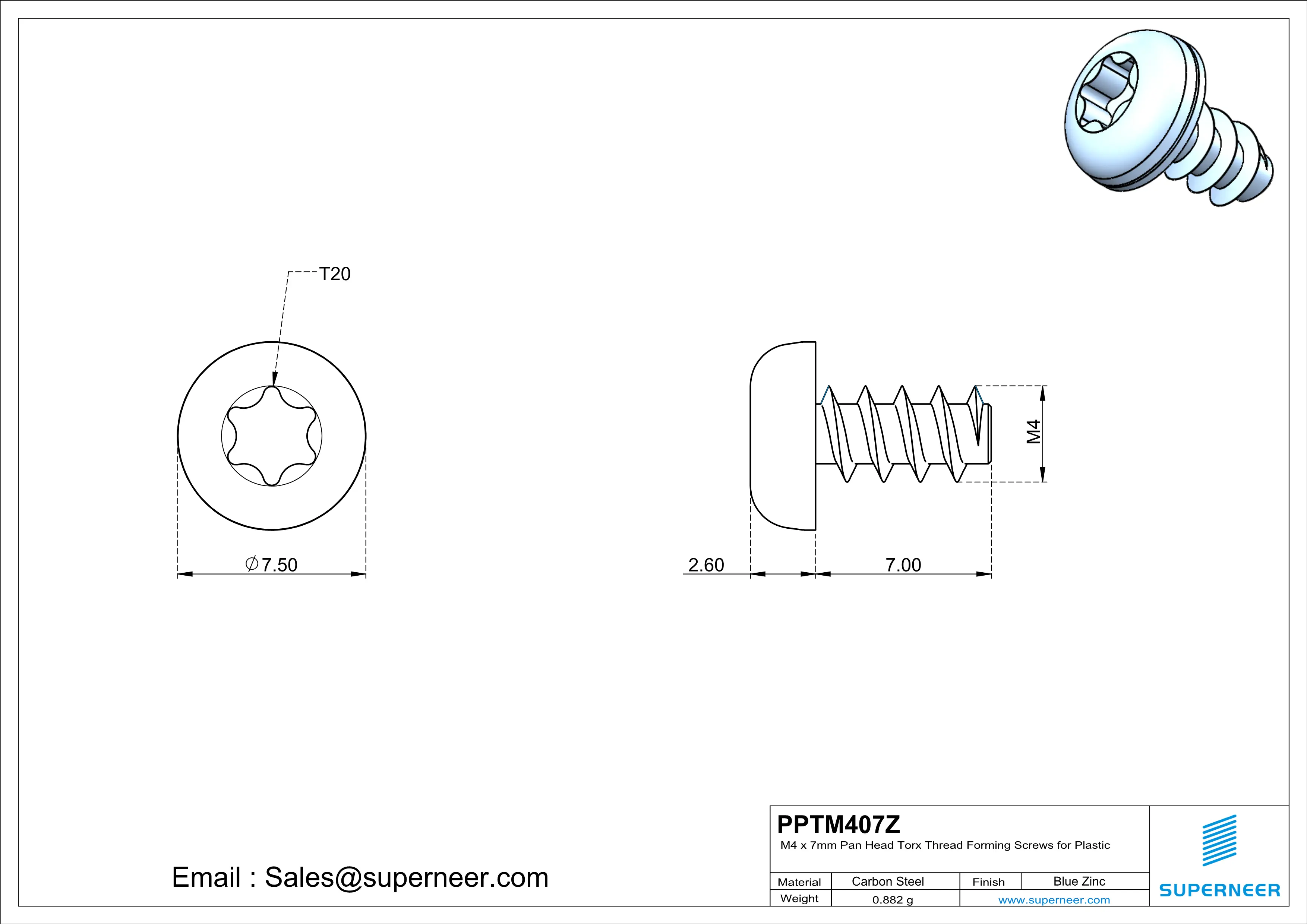 M4 &times; 7mm  Pan Head Torx Thread Foming Screws for Plastic   Steel Blue Zinc Plated