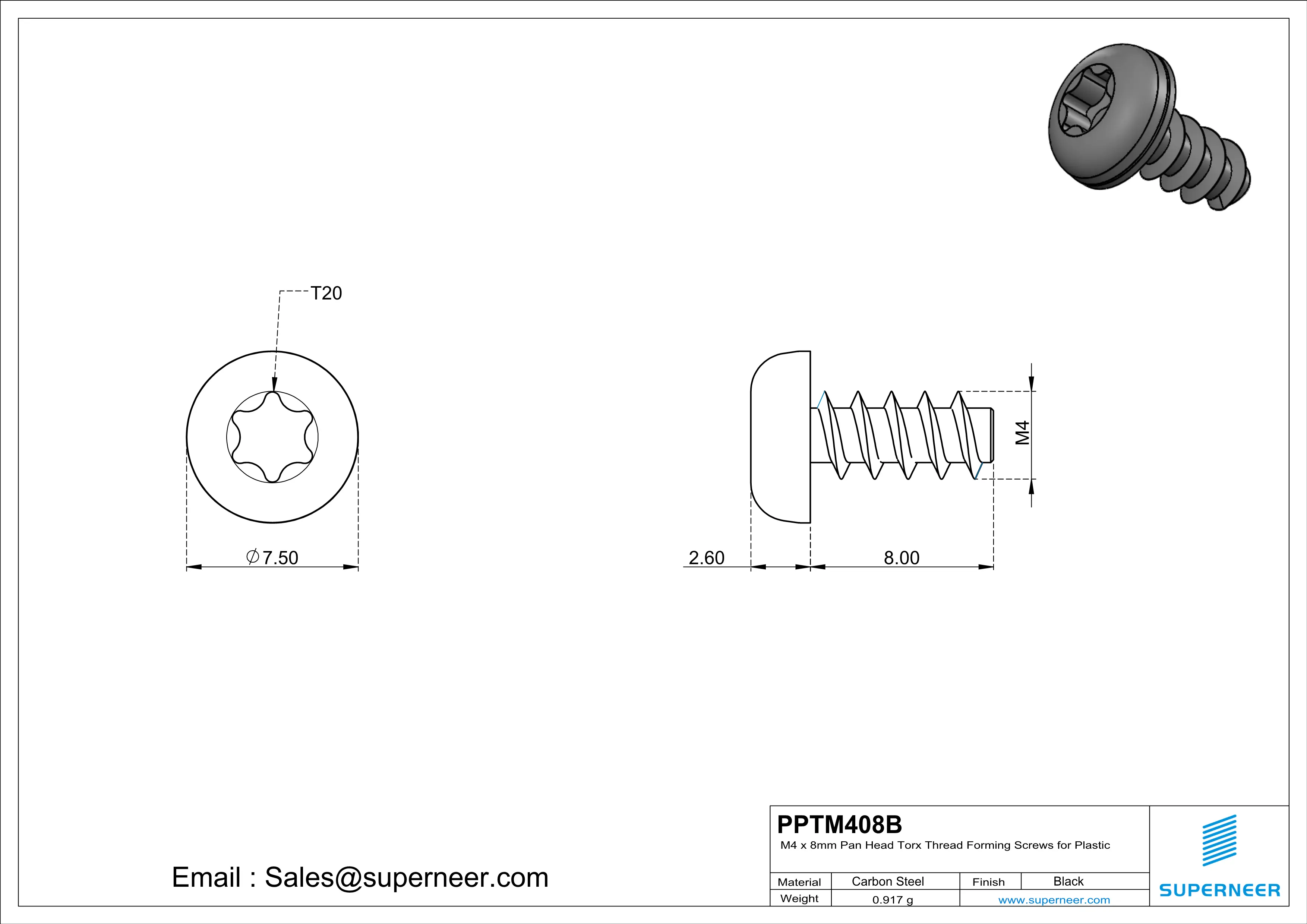 M4 &times; 8mm  Pan Head Torx Thread Foming Screws for Plastic   Steel Black