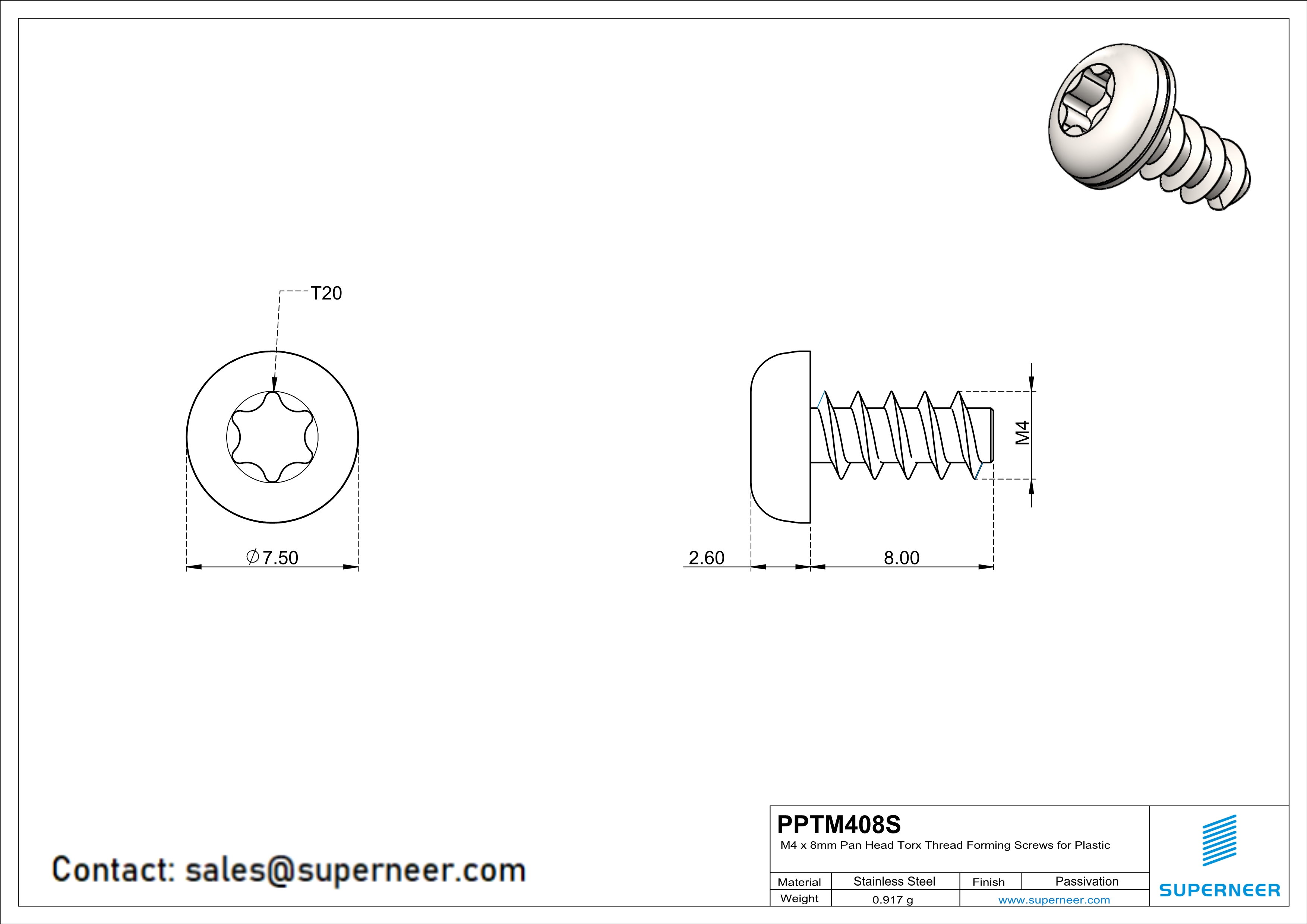 M4 &times; 8mm  Pan Head Torx Thread Foming Screws for Plastic SUS304 Stainless Steel Inox
