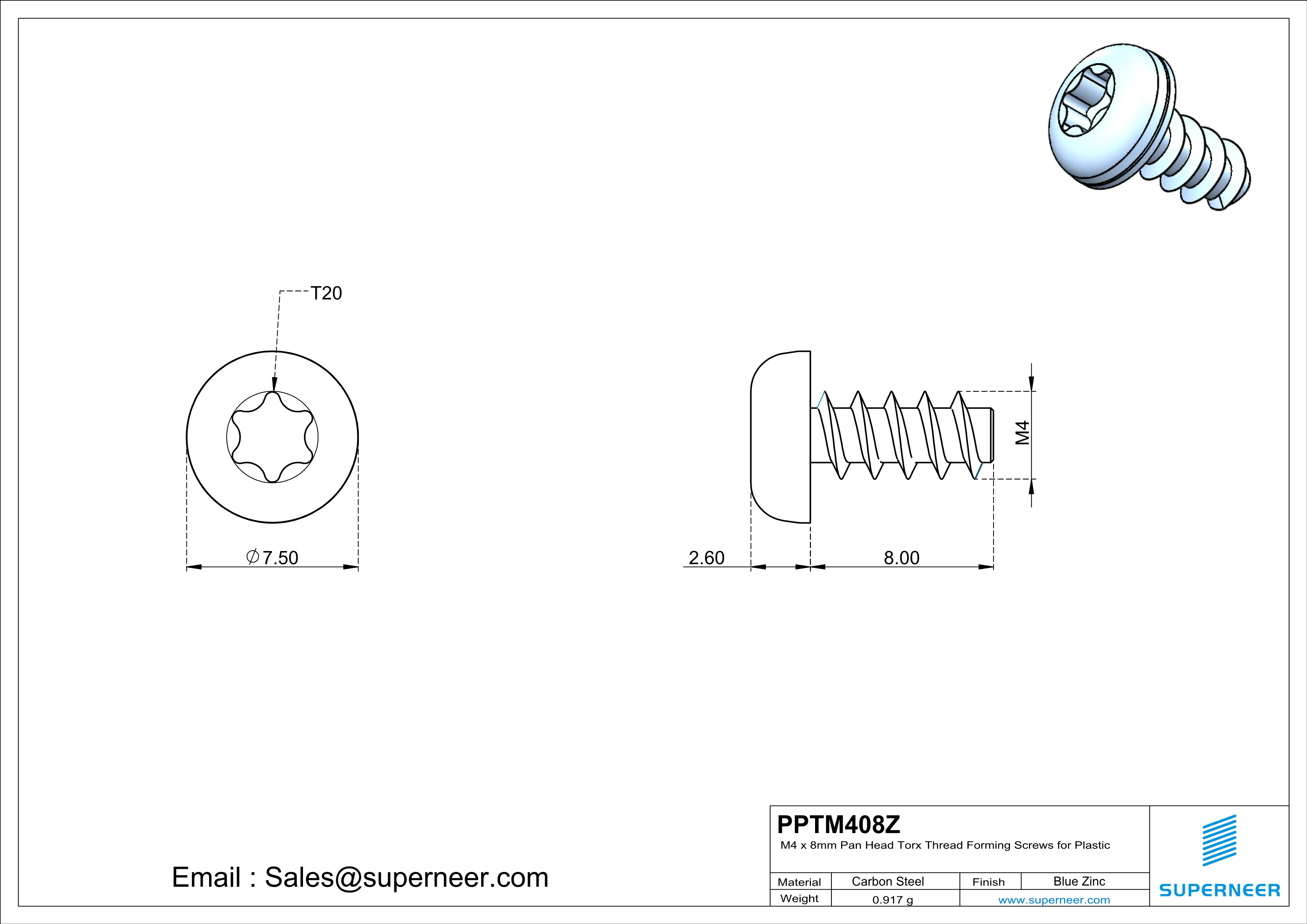 M4 &times; 8mm  Pan Head Torx Thread Foming Screws for Plastic   Steel Blue Zinc Plated