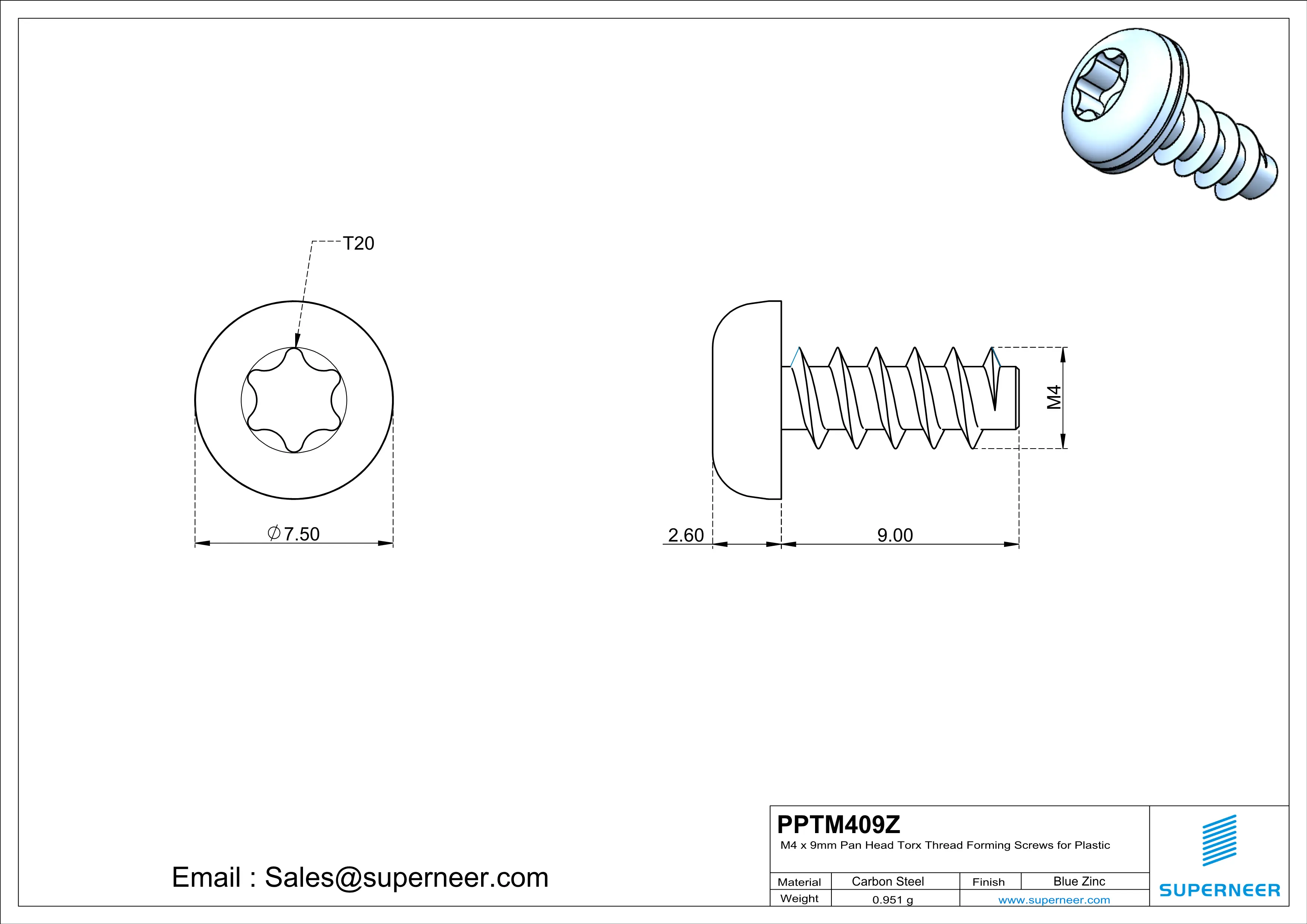 M4 &times; 9mm  Pan Head Torx Thread Foming Screws for Plastic   Steel Blue Zinc Plated