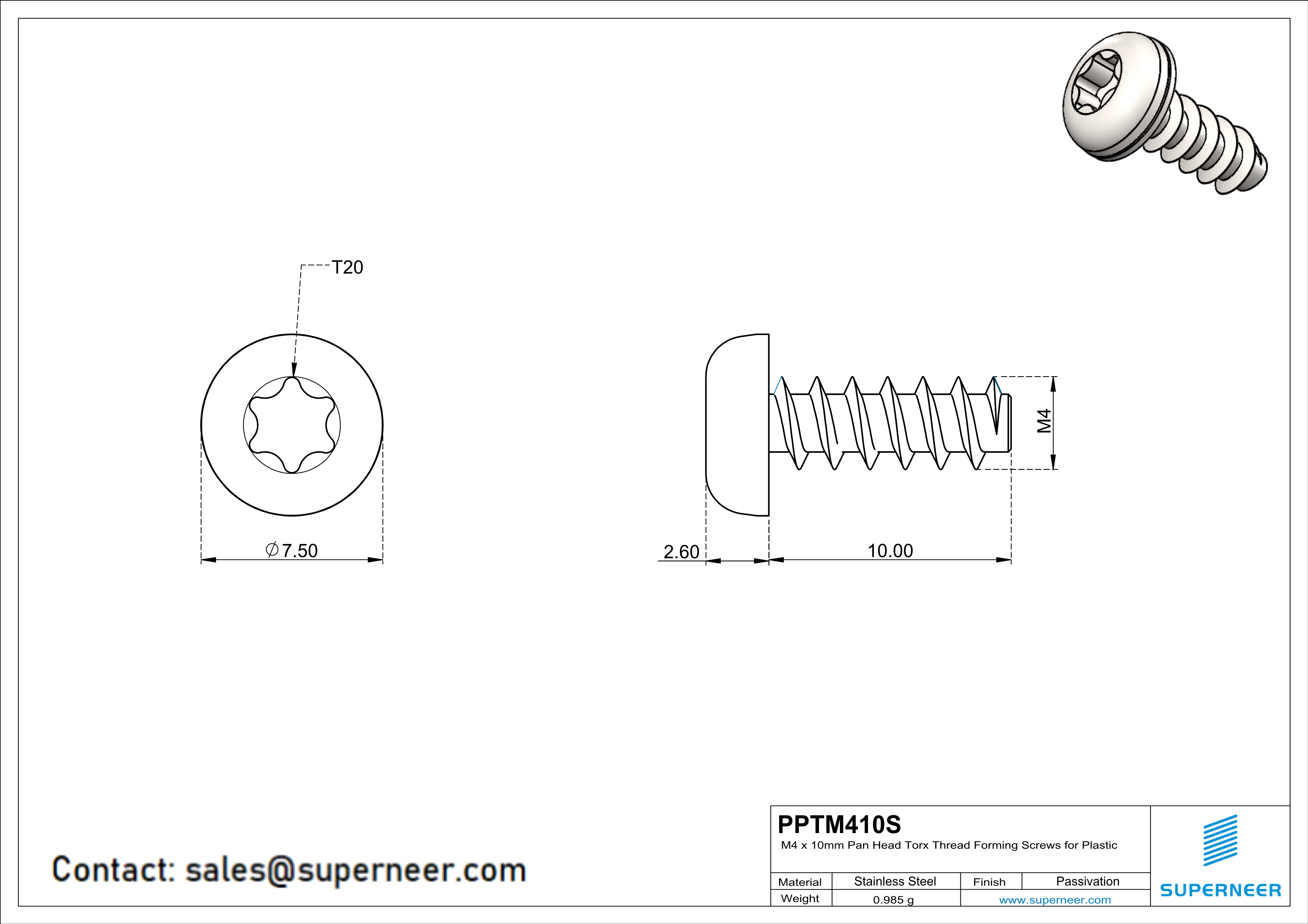 M4 &times; 10mm  Pan Head Torx Thread Foming Screws for Plastic SUS304 Stainless Steel Inox