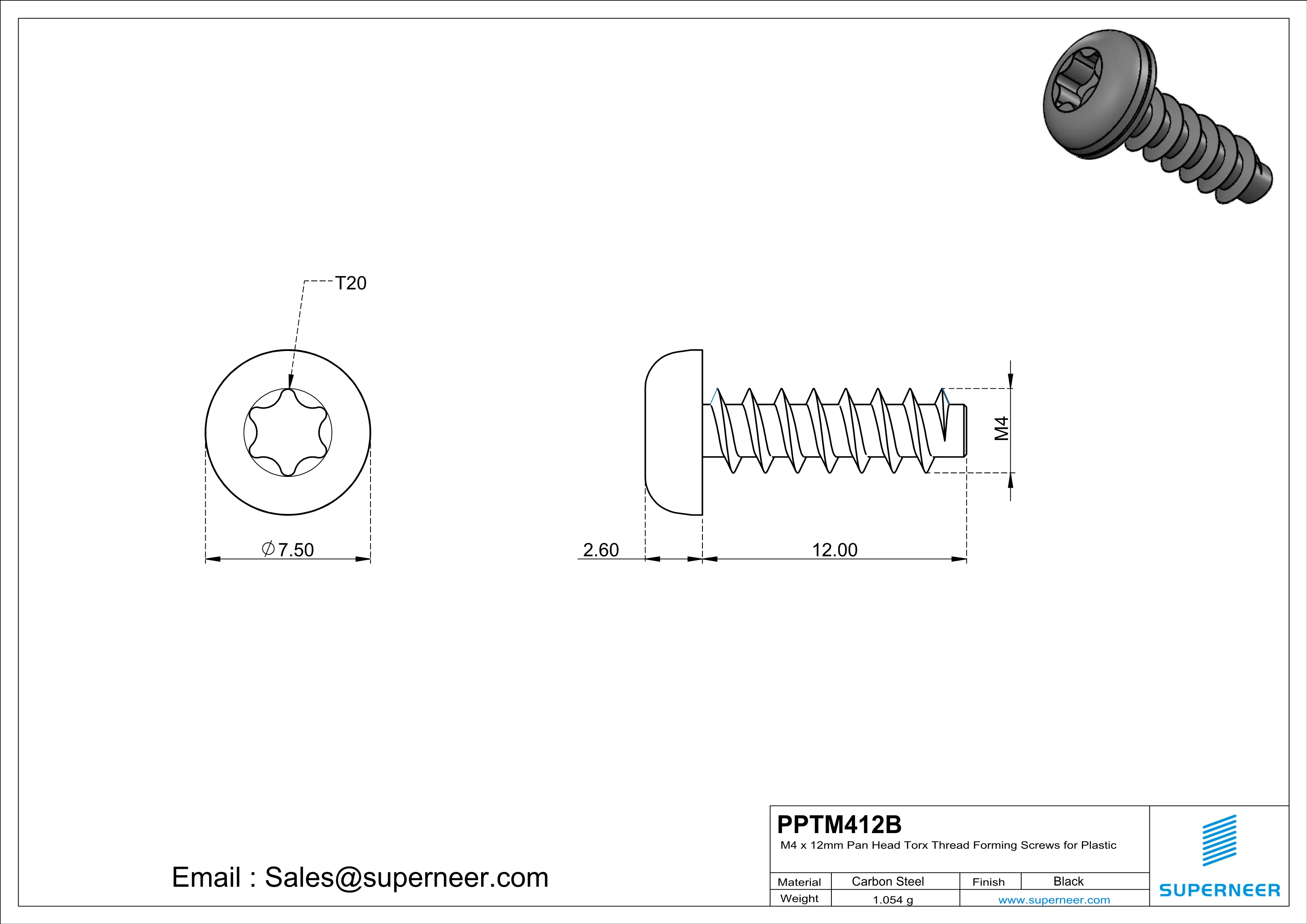 M4 &times; 12mm  Pan Head Torx Thread Foming Screws for Plastic   Steel Black
