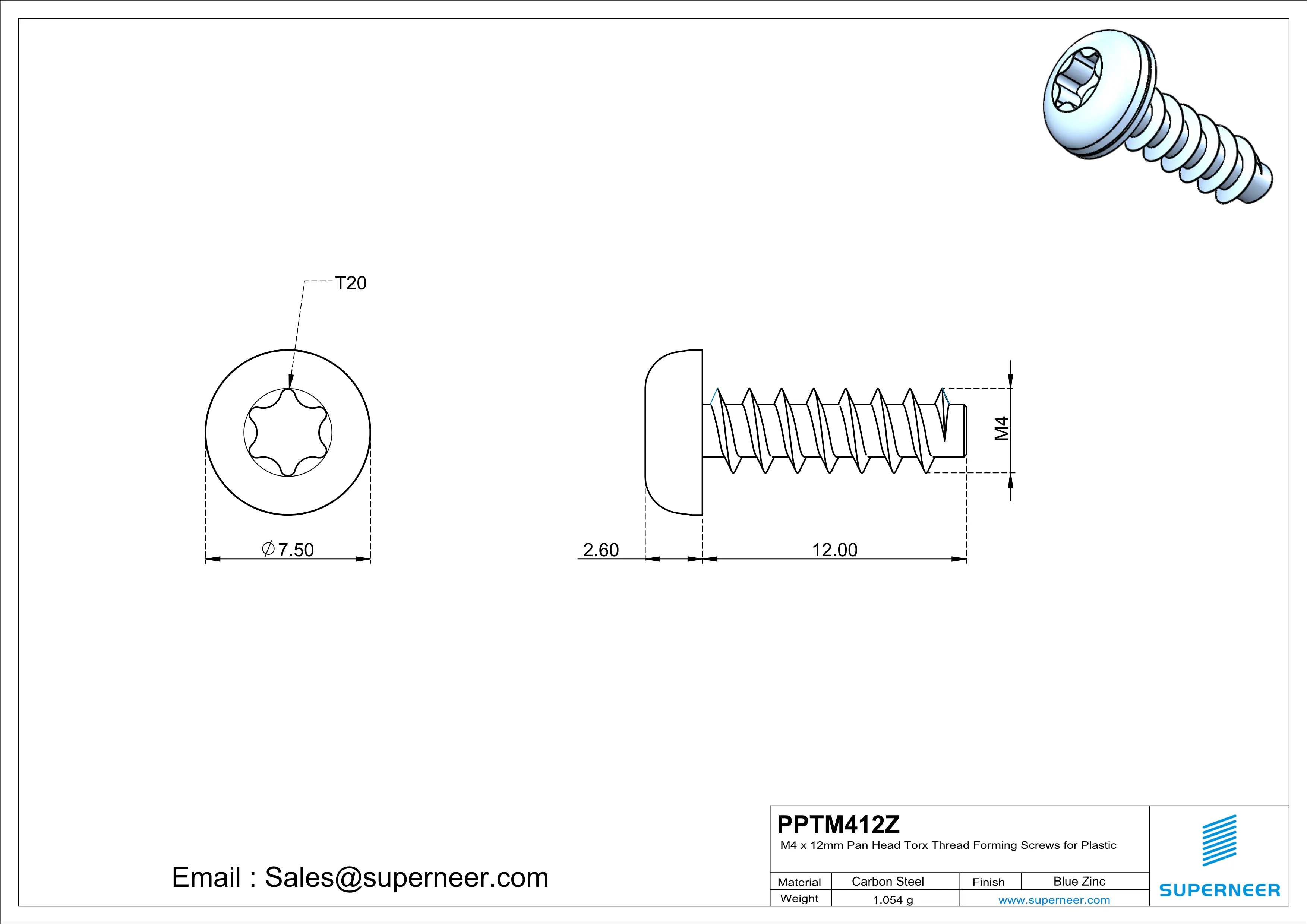 M4 &times; 12mm  Pan Head Torx Thread Foming Screws for Plastic   Steel Blue Zinc Plated