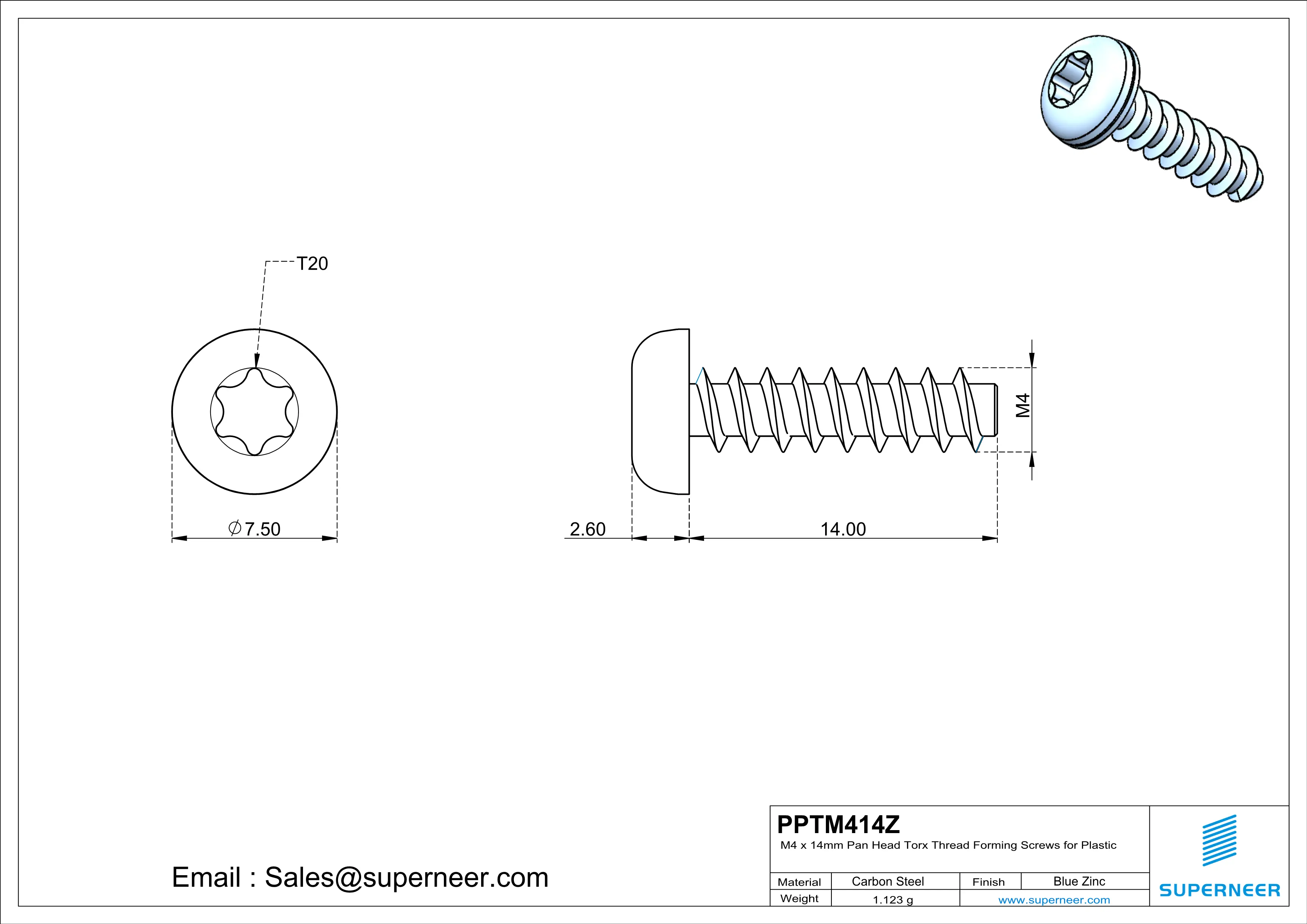 M4 &times; 14mm  Pan Head Torx Thread Foming Screws for Plastic   Steel Blue Zinc Plated