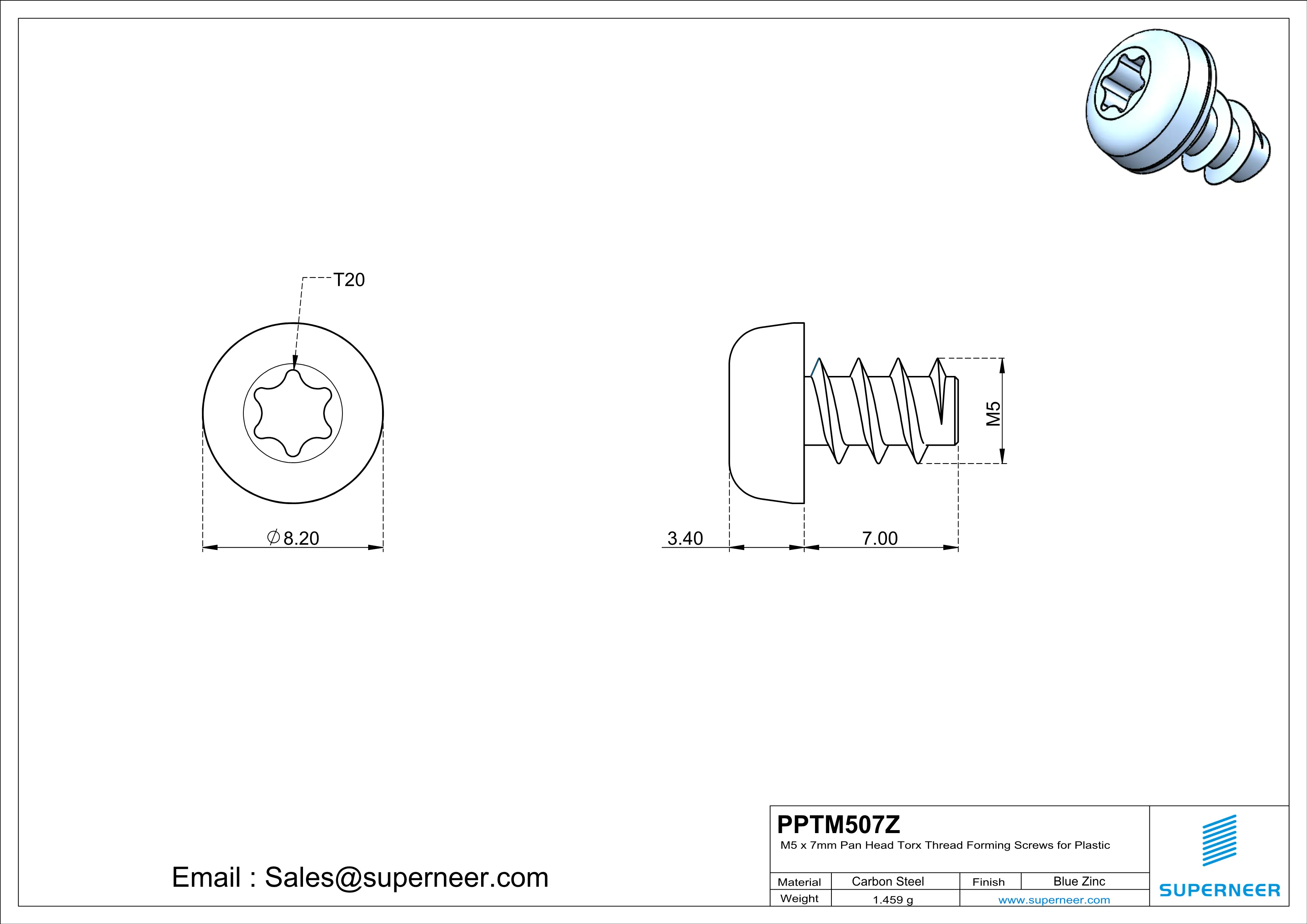 M5 &times; 7mm  Pan Head Torx Thread Foming Screws for Plastic   Steel Blue Zinc Plated