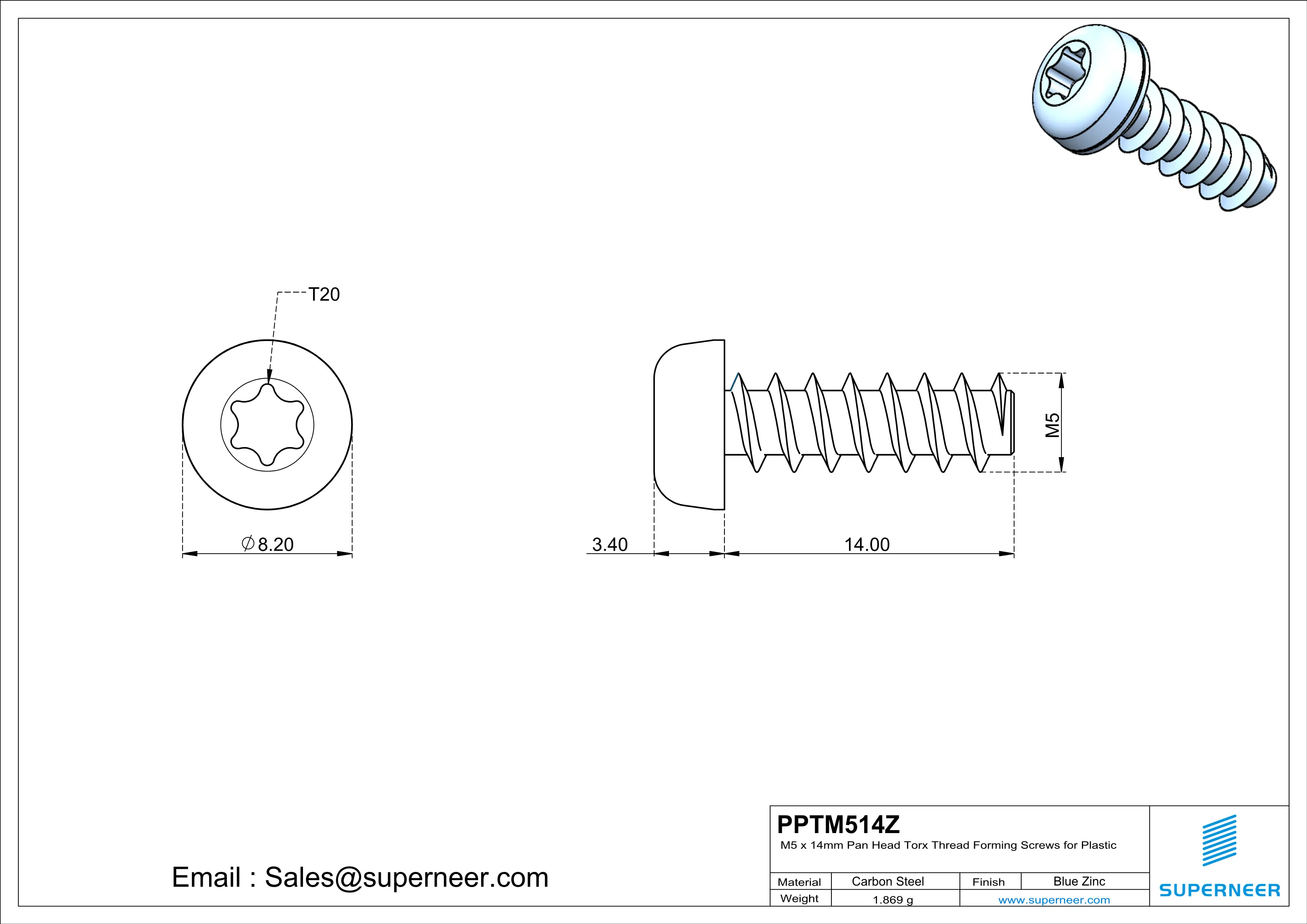 M5 &times; 14mm  Pan Head Torx Thread Foming Screws for Plastic   Steel Blue Zinc Plated
