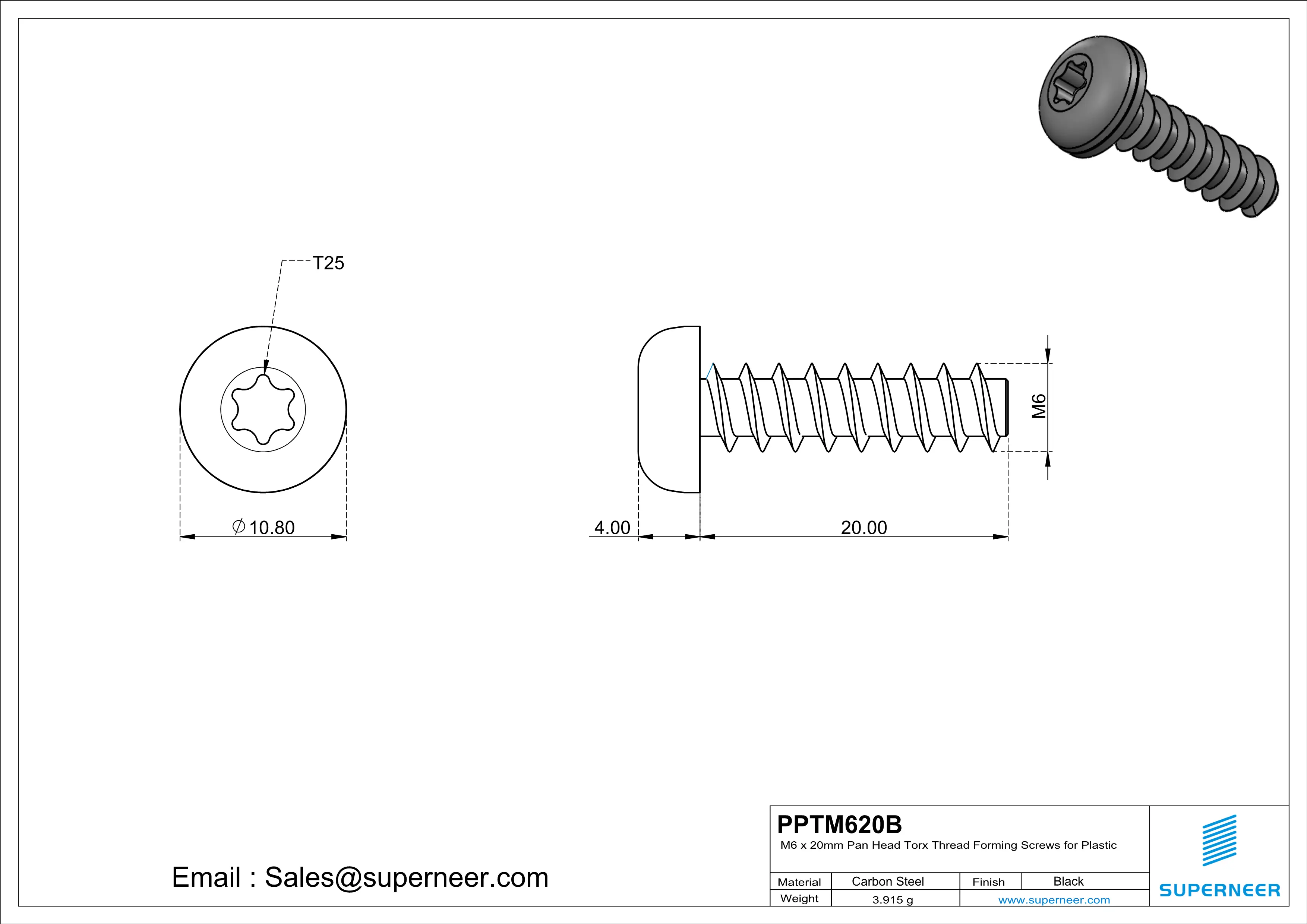 M6 &times; 20mm  Pan Head Torx Thread Foming Screws for Plastic   Steel Black