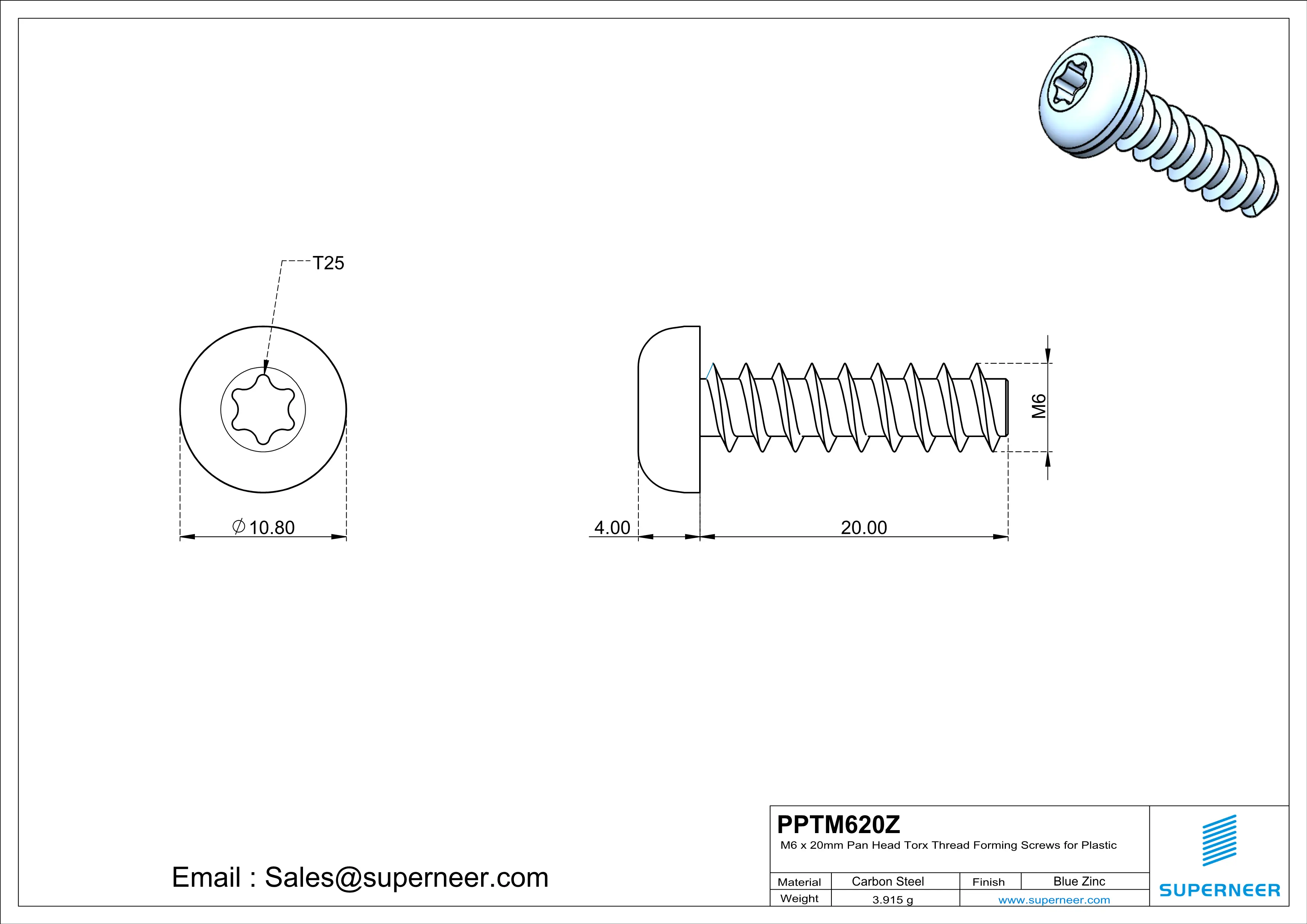 M6 &times; 20mm  Pan Head Torx Thread Foming Screws for Plastic   Steel Blue Zinc Plated