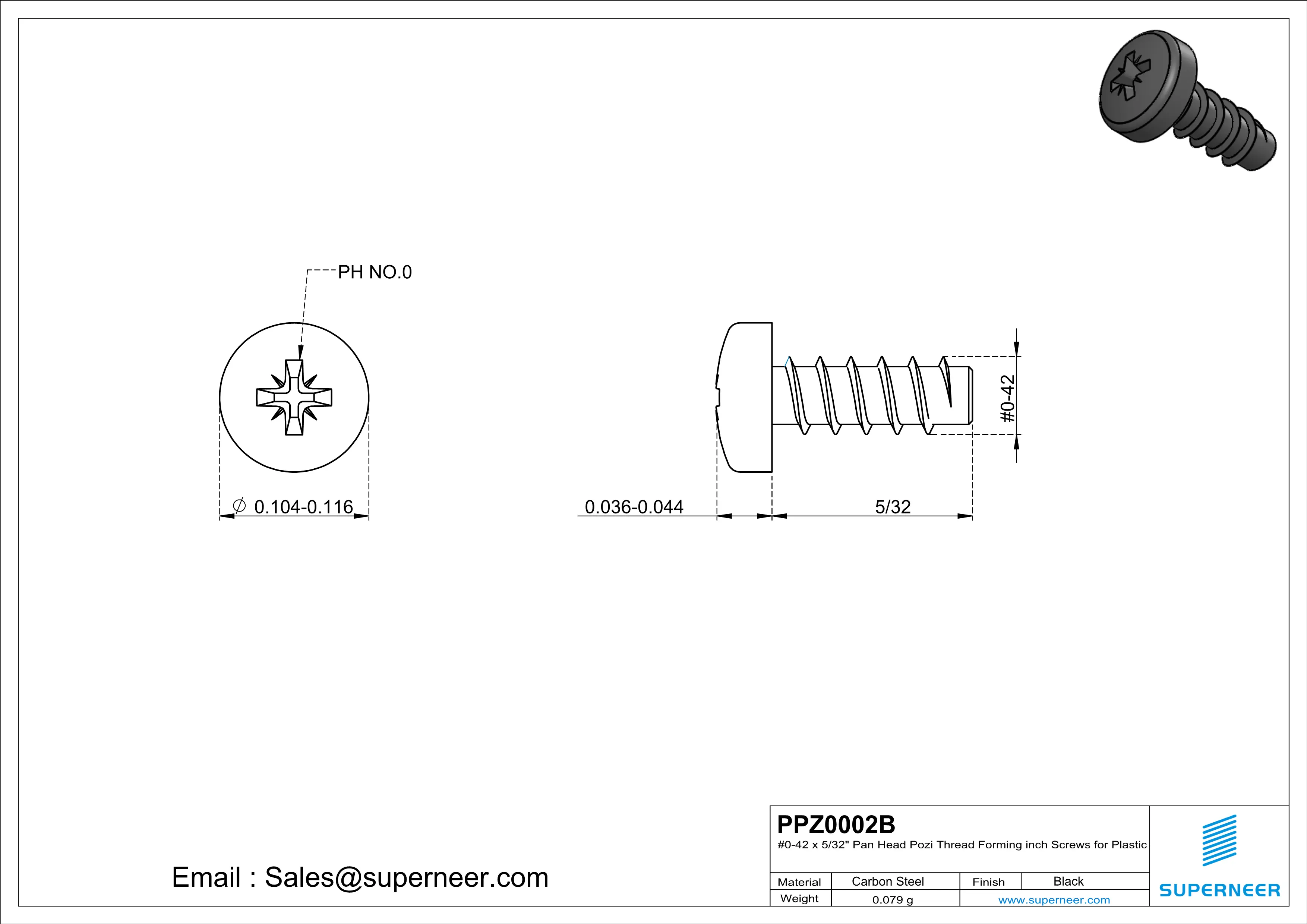 0 &times; 5/32" Pan Head Pozi Thread Forming inch Screws for Plastic  Steel Black