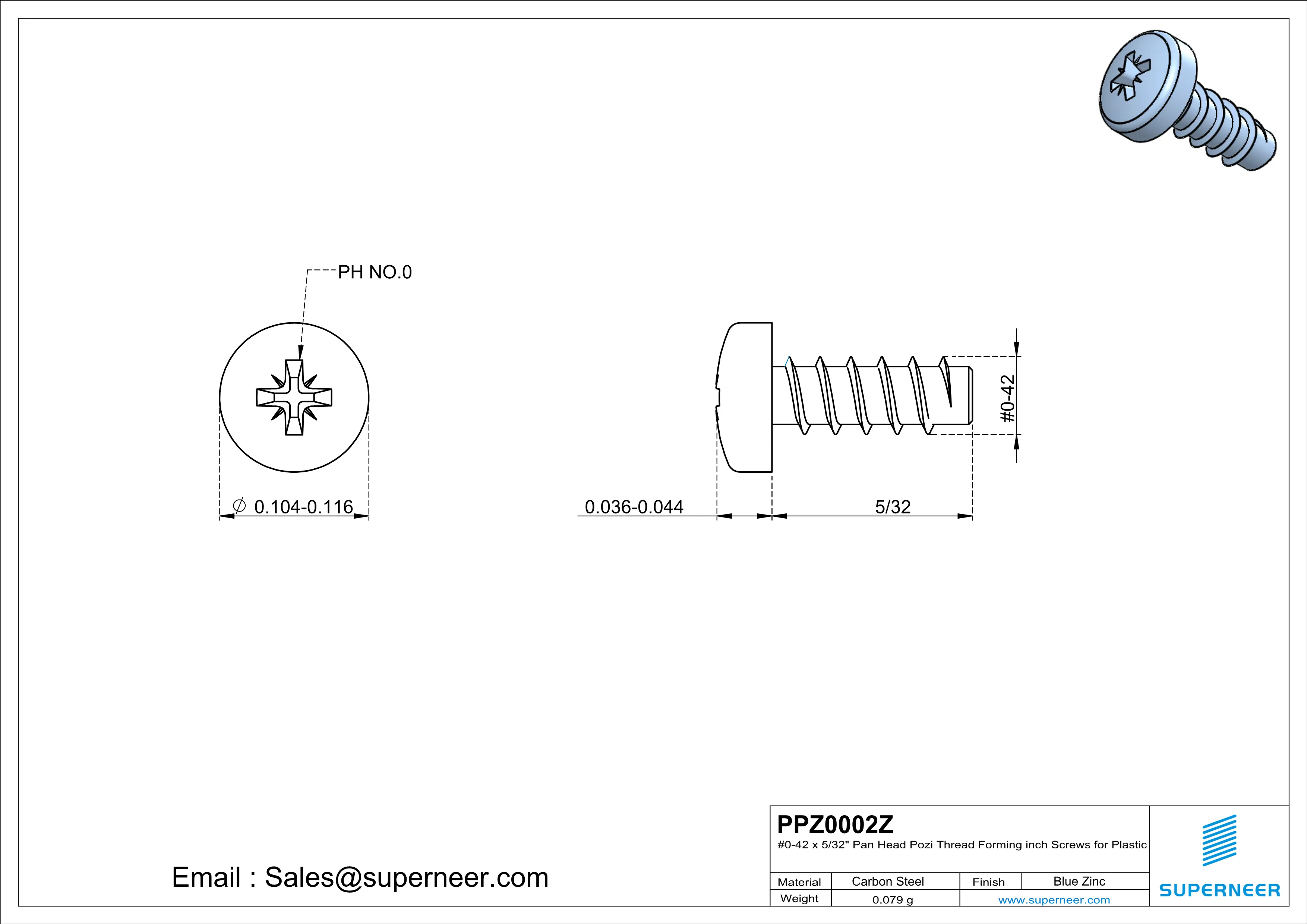 0 &times; 5/32" Pan Head Pozi Thread Forming inch Screws for Plastic  Steel Blue Zinc Plated