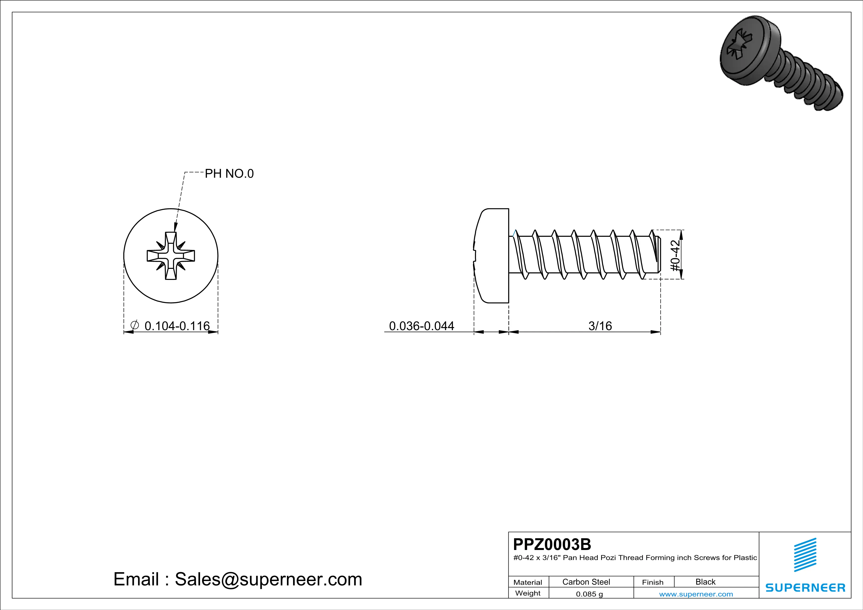 0 &times; 3/16" Pan Head Pozi Thread Forming  inch Screws for Plastic  Steel Black