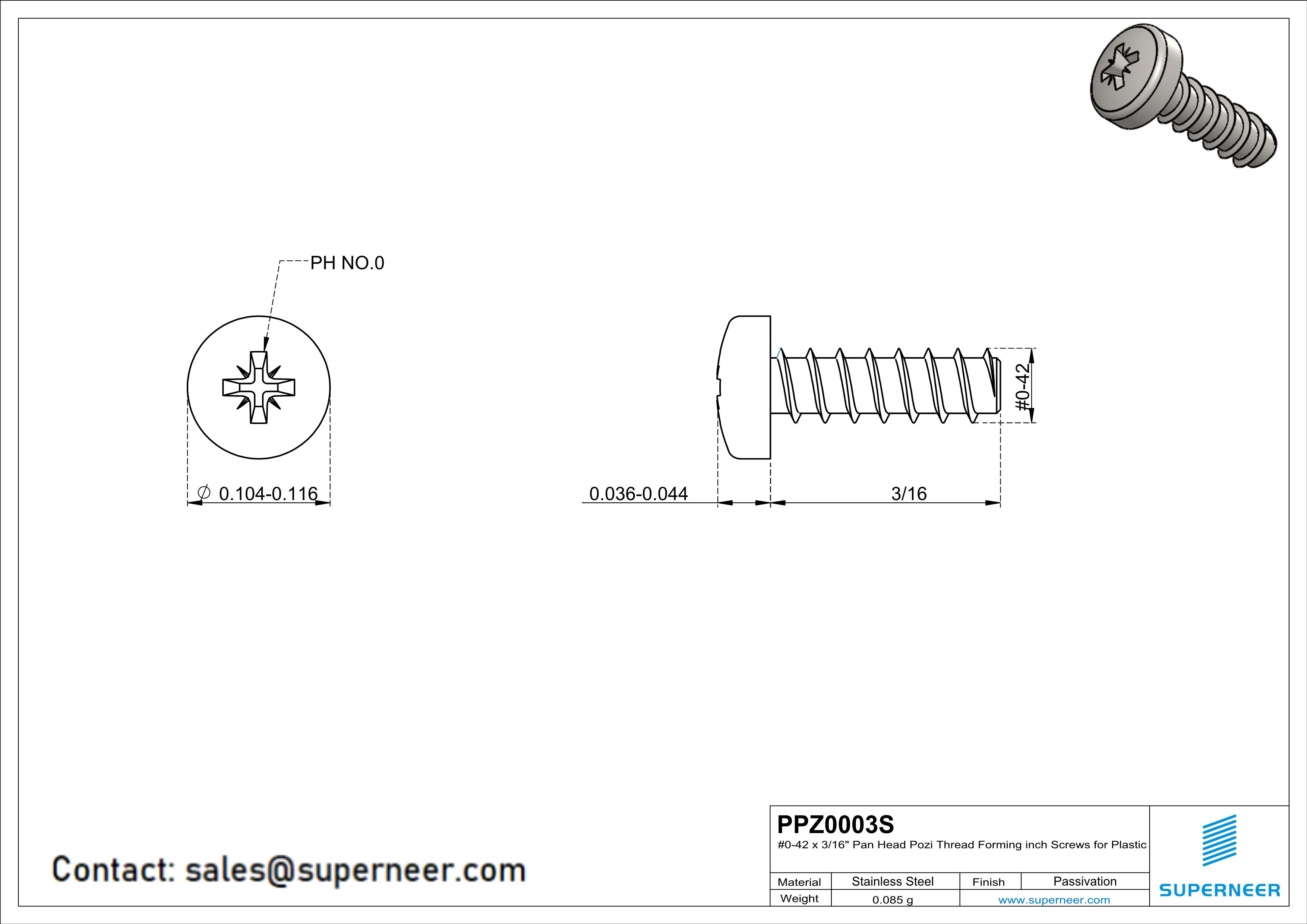 0 &times; 3/16" Pan Head Pozi Thread Forming  inch Screws for Plastic  SUS304 Stainless Steel Inox