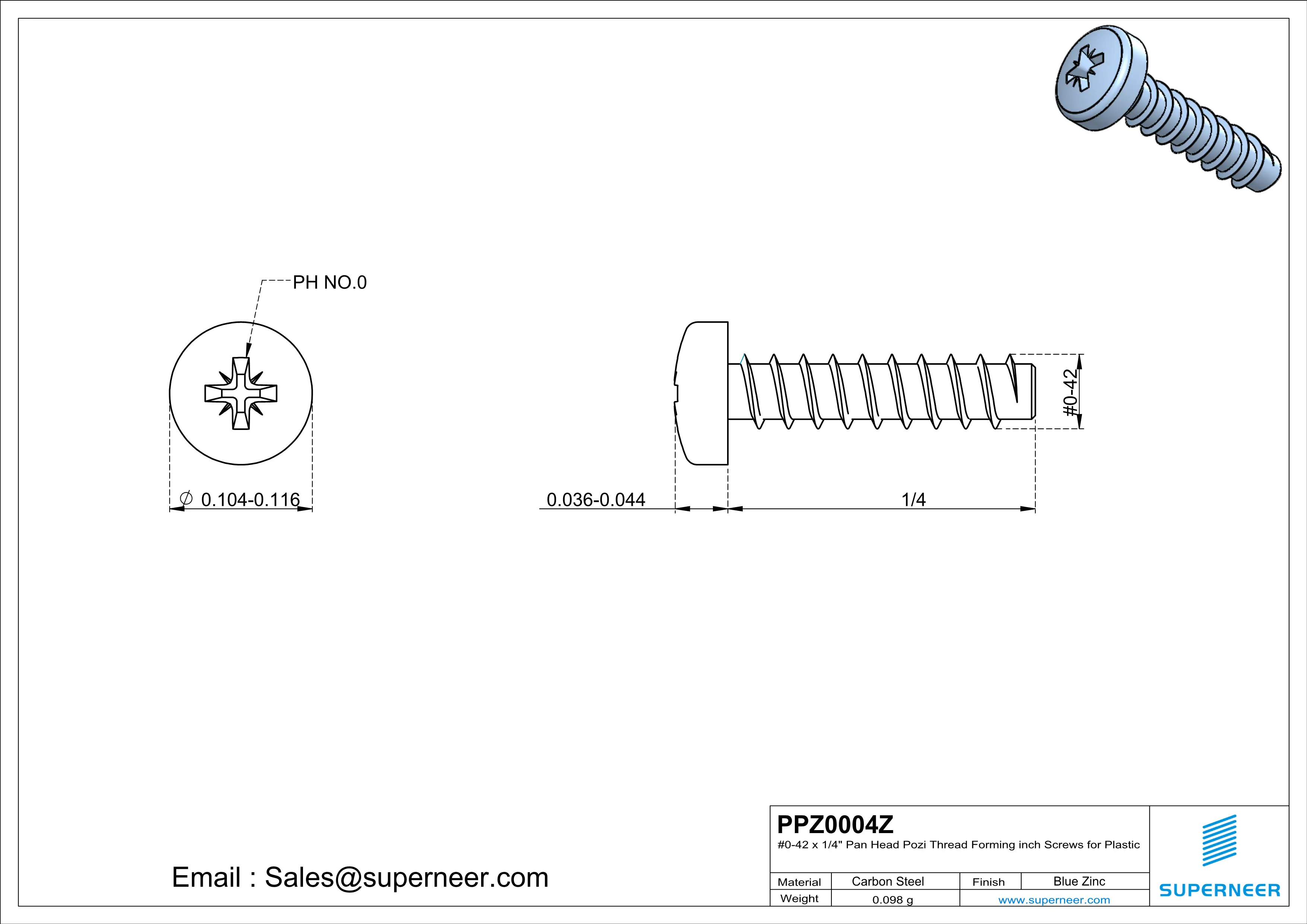 0 &times; 1/4" Pan Head Pozi Thread Forming inch Screws for Plastic  Steel Blue Zinc Plated