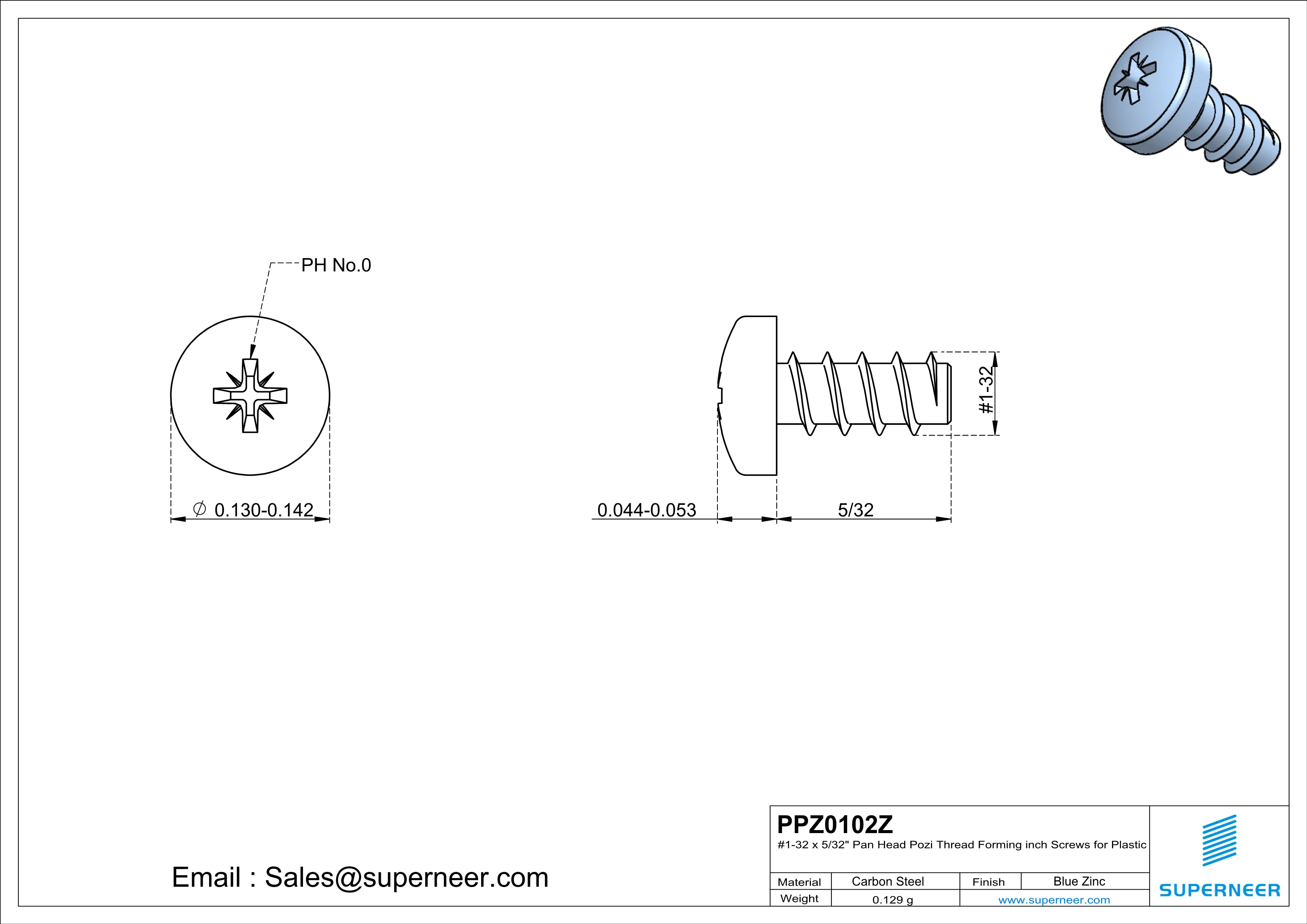 1 &times; 5/32" Pan Head Pozi Thread Forming inch Screws for Plastic  Steel Blue Zinc Plated