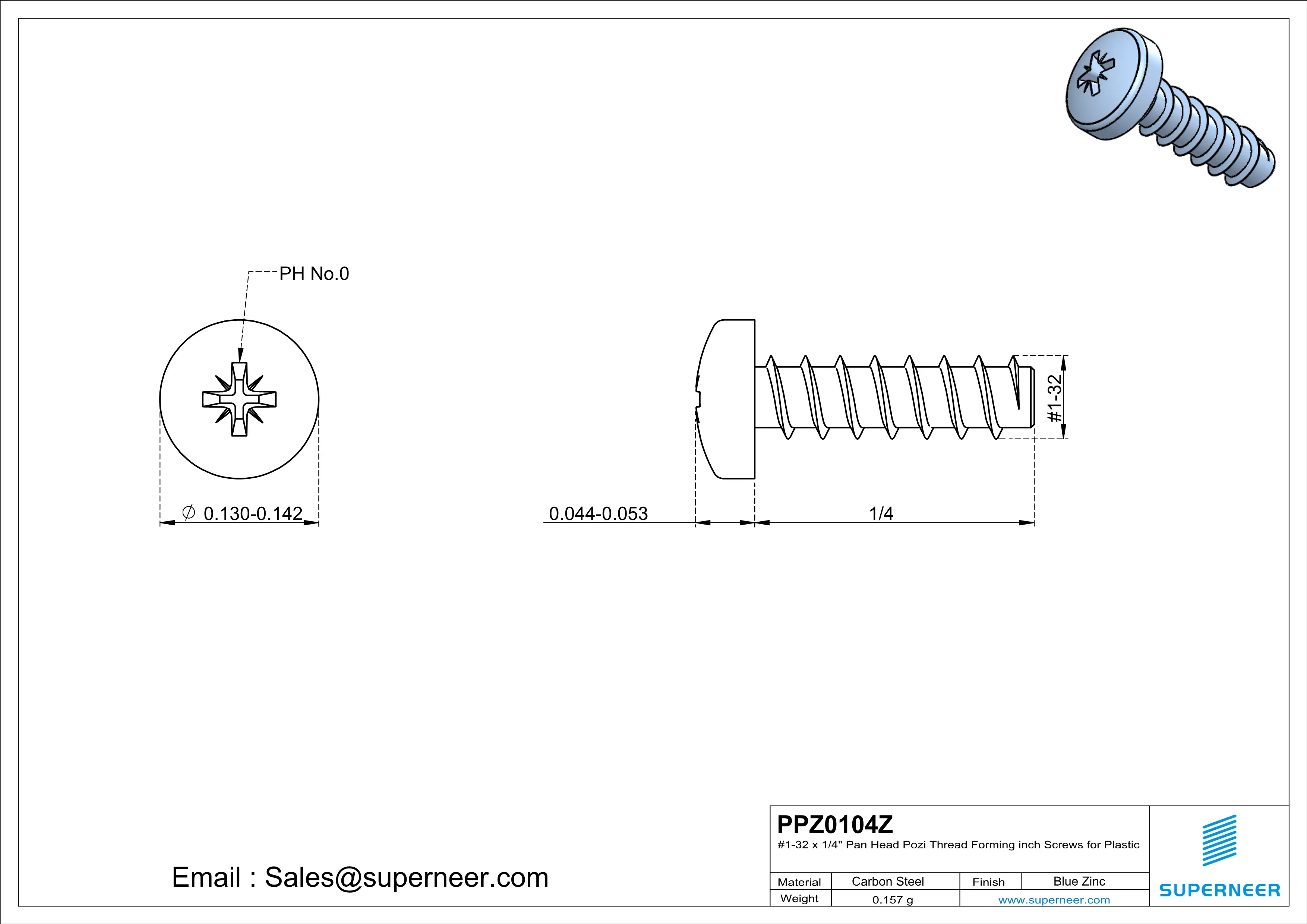 1 &times; 1/4" Pan Head Pozi Thread Forming inch Screws for Plastic  Steel Blue Zinc Plated