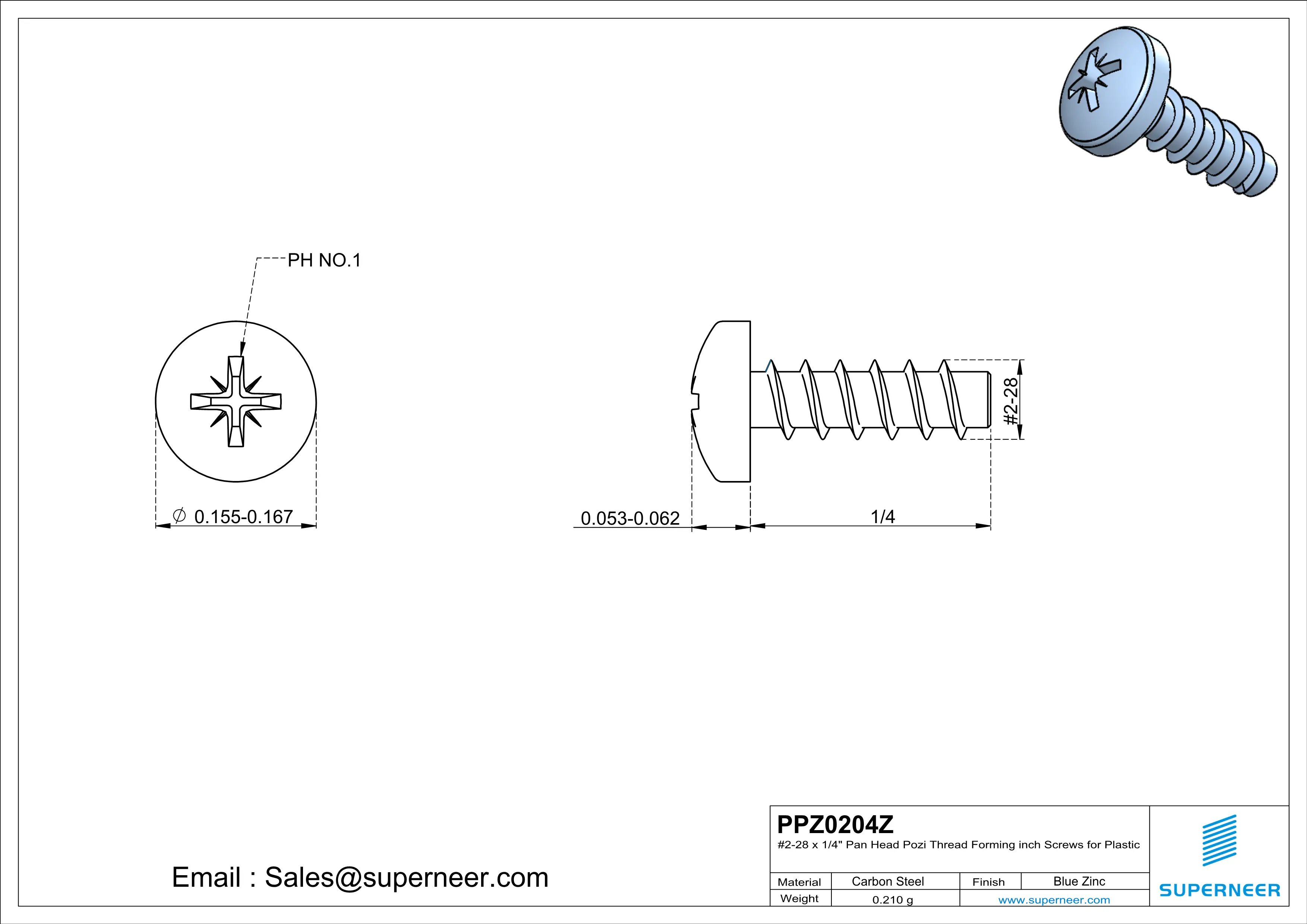 2 &times; 1/4" Pan Head Pozi Thread Forming inch Screws for Plastic  Steel Blue Zinc Plated