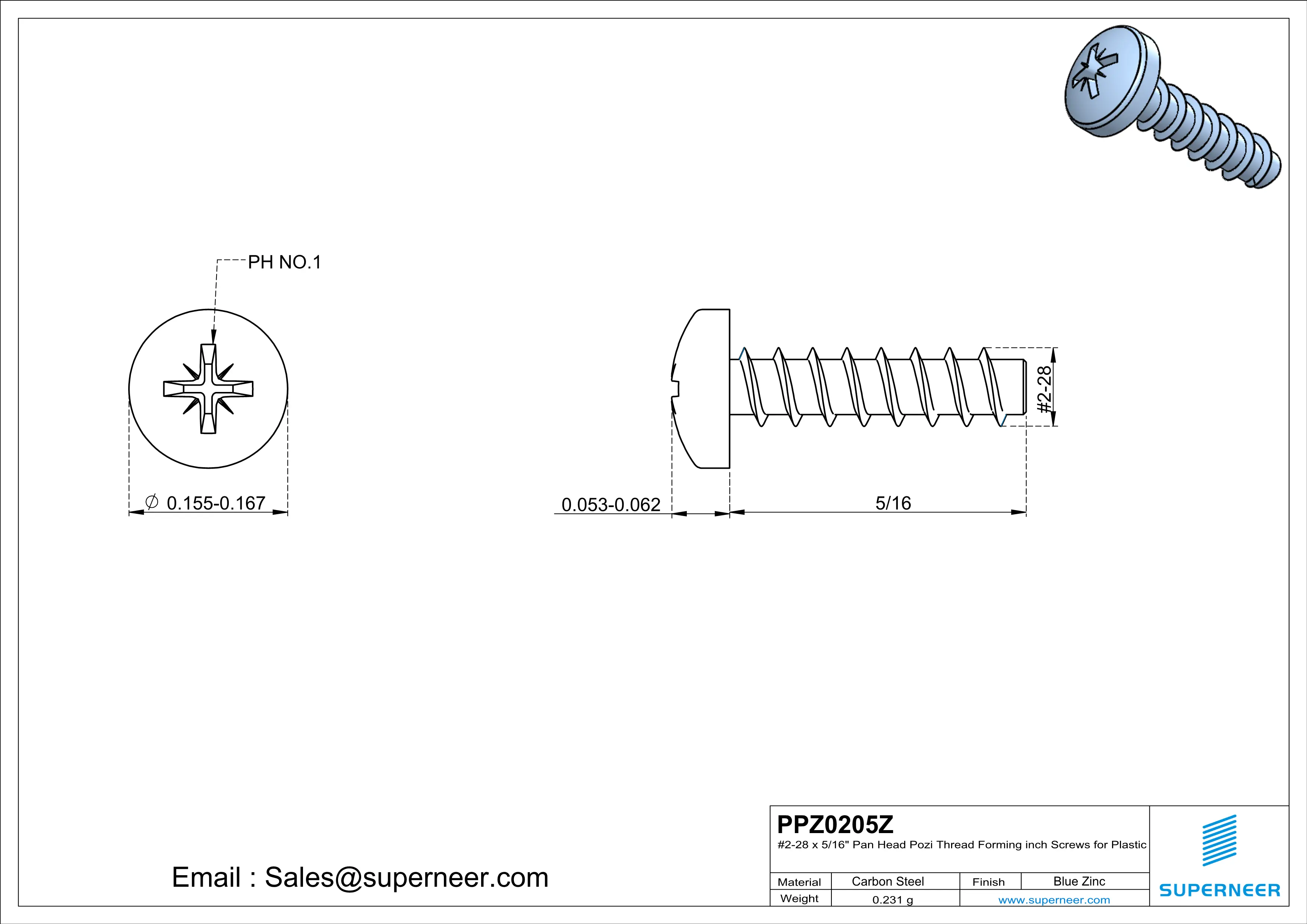 2 &times; 5/16" Pan Head Pozi Thread Forming inch Screws for Plastic  Steel Blue Zinc Plated