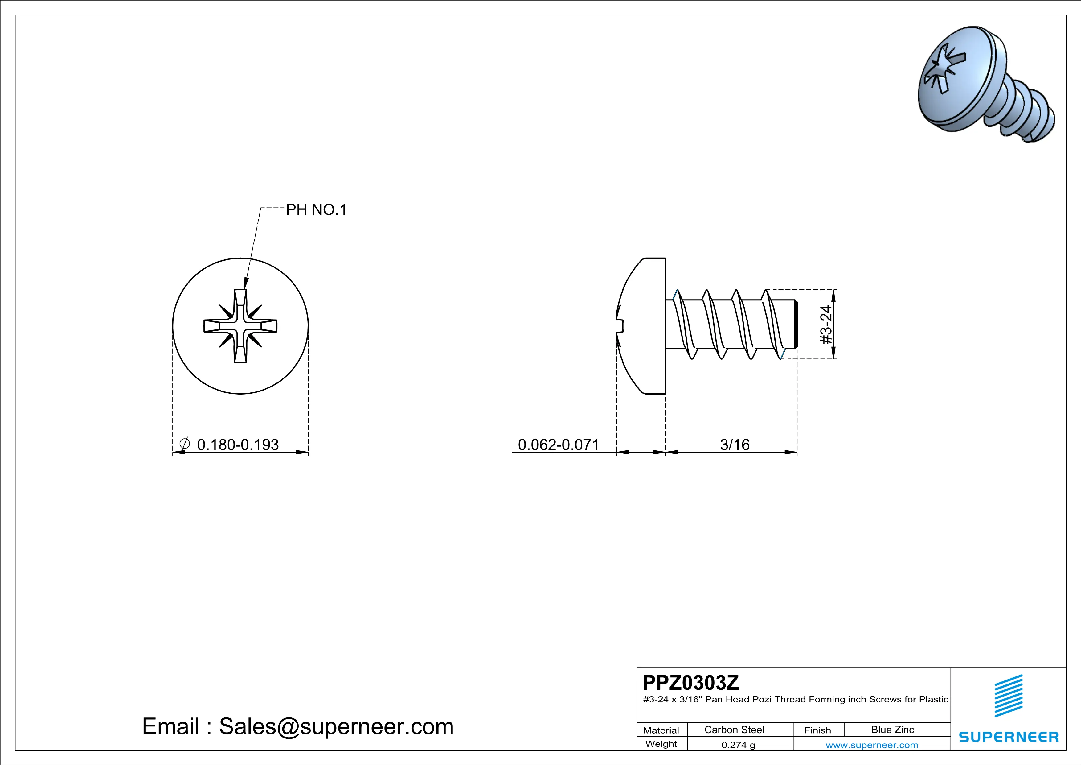 3 &times; 3/16" Pan Head Pozi Thread Forming inch Screws for Plastic  Steel Blue Zinc Plated