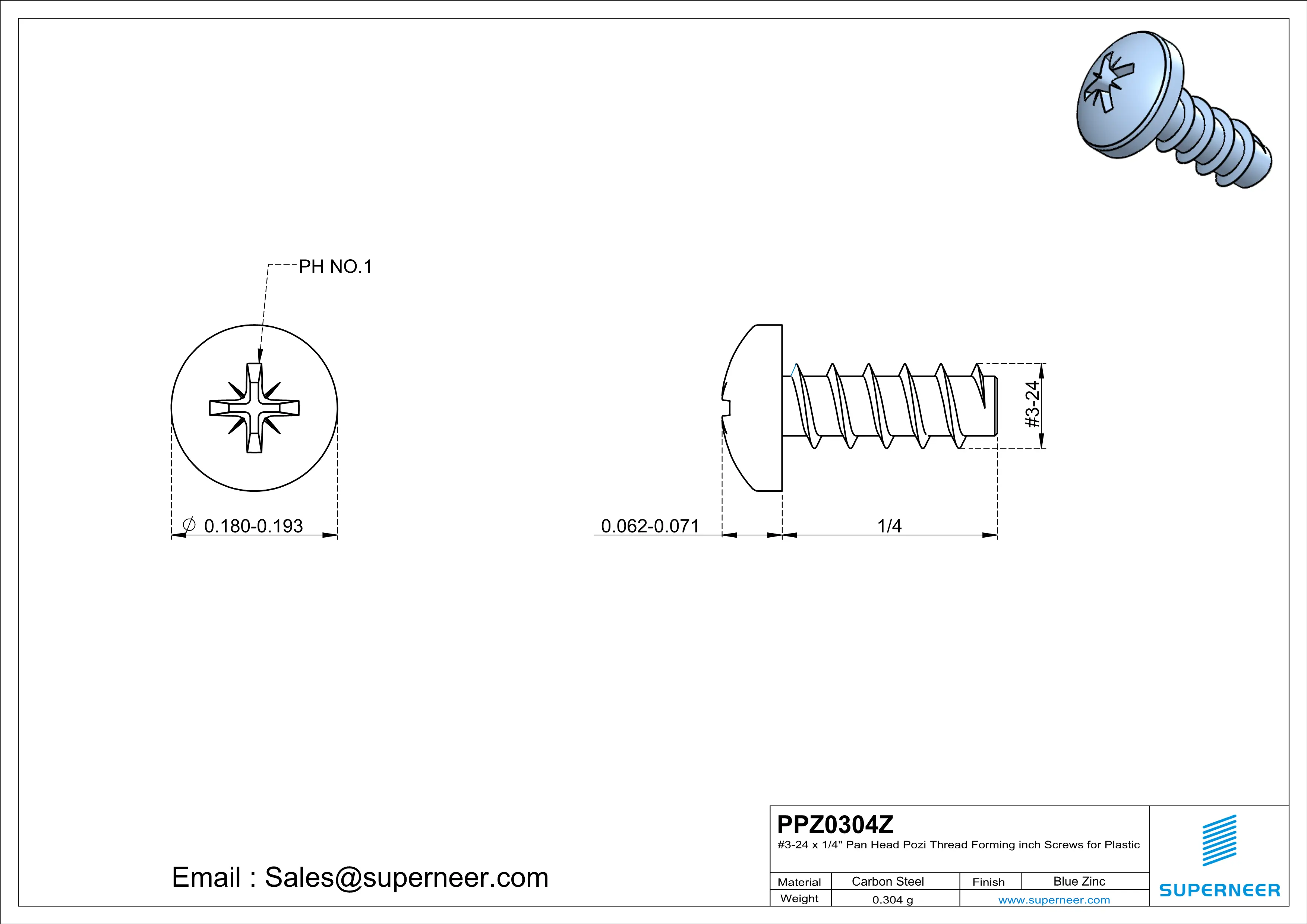 3 &times; 1/4" Pan Head Pozi Thread Forming inch Screws for Plastic  Steel Blue Zinc Plated