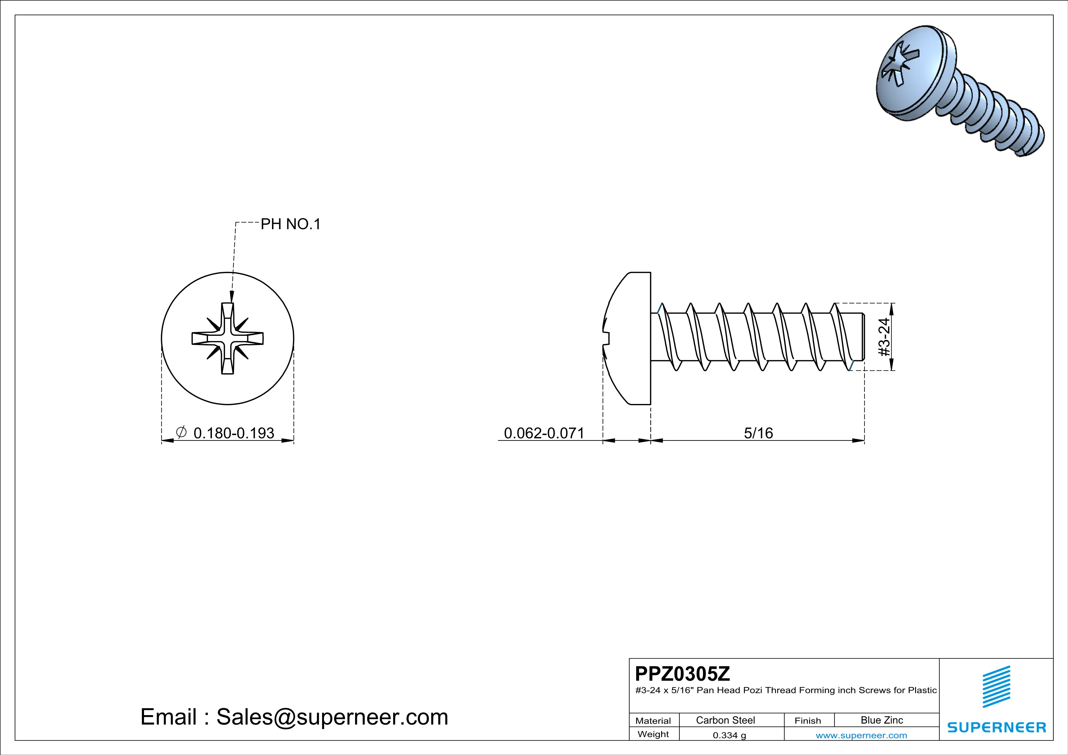 3 &times; 5/16" Pan Head Pozi Thread Forming inch Screws for Plastic  Steel Blue Zinc Plated