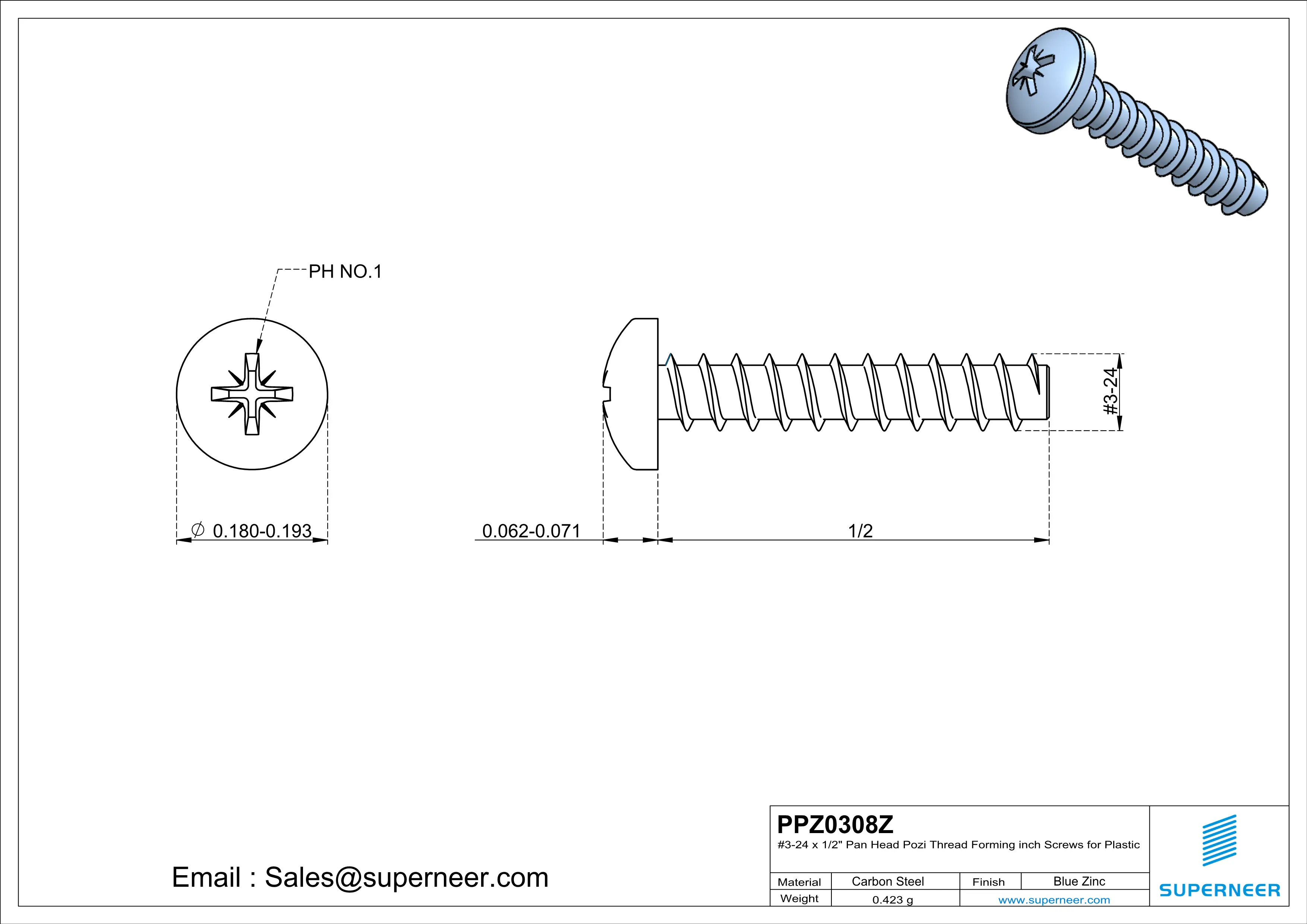 3 &times; 1/2" Pan Head Pozi Thread Forming inch Screws for Plastic  Steel Blue Zinc Plated