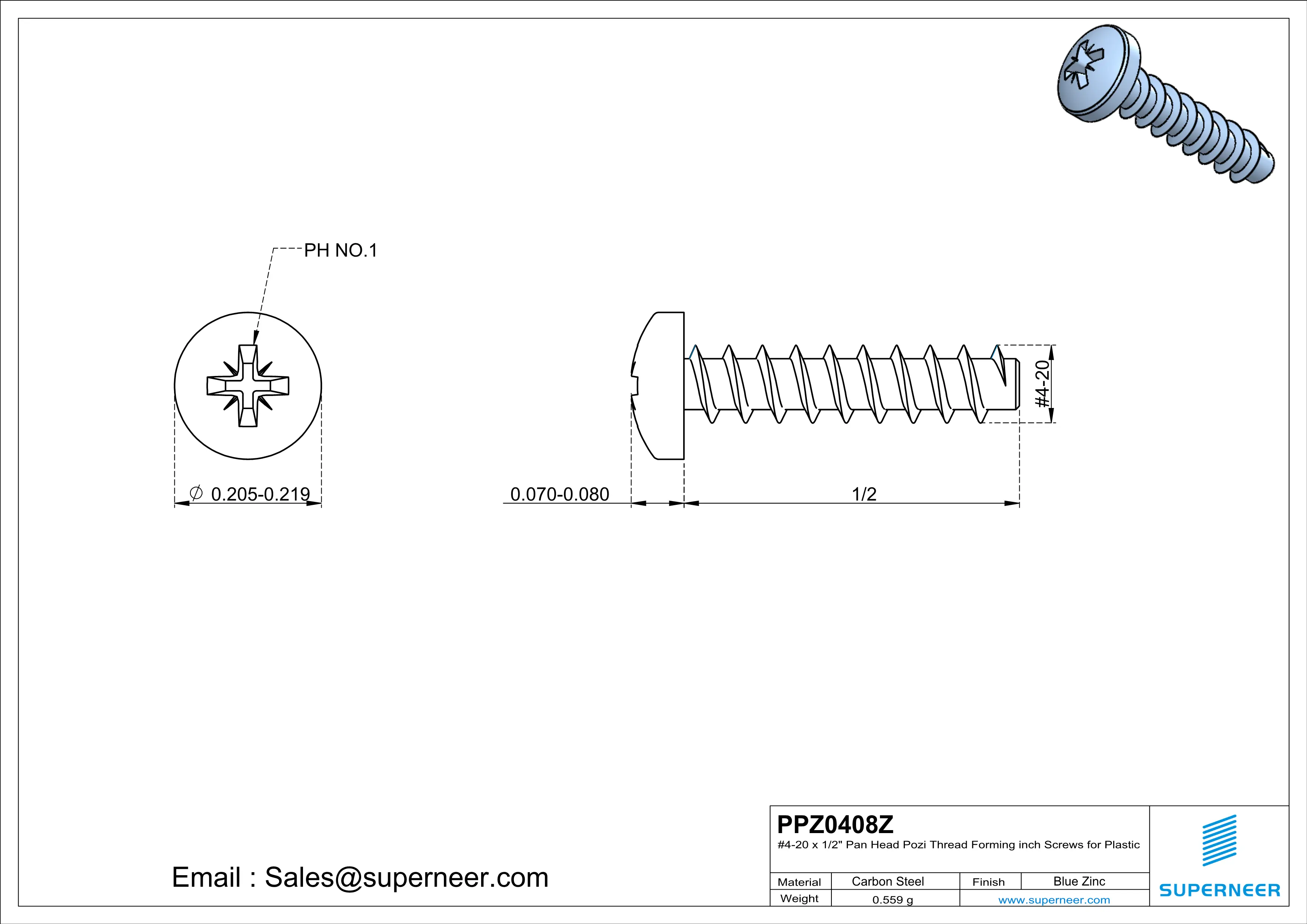 4 &times; 1/2" Pan Head Pozi Thread Forming inch Screws for Plastic  Steel Blue Zinc Plated