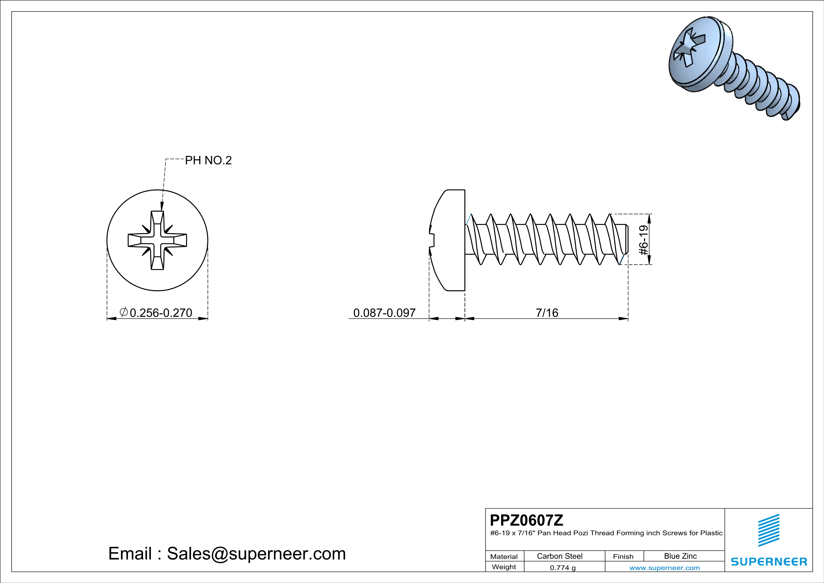 6 &times; 7/16" Pan Head Pozi Thread Forming inch Screws for Plastic  Steel Blue Zinc Plated