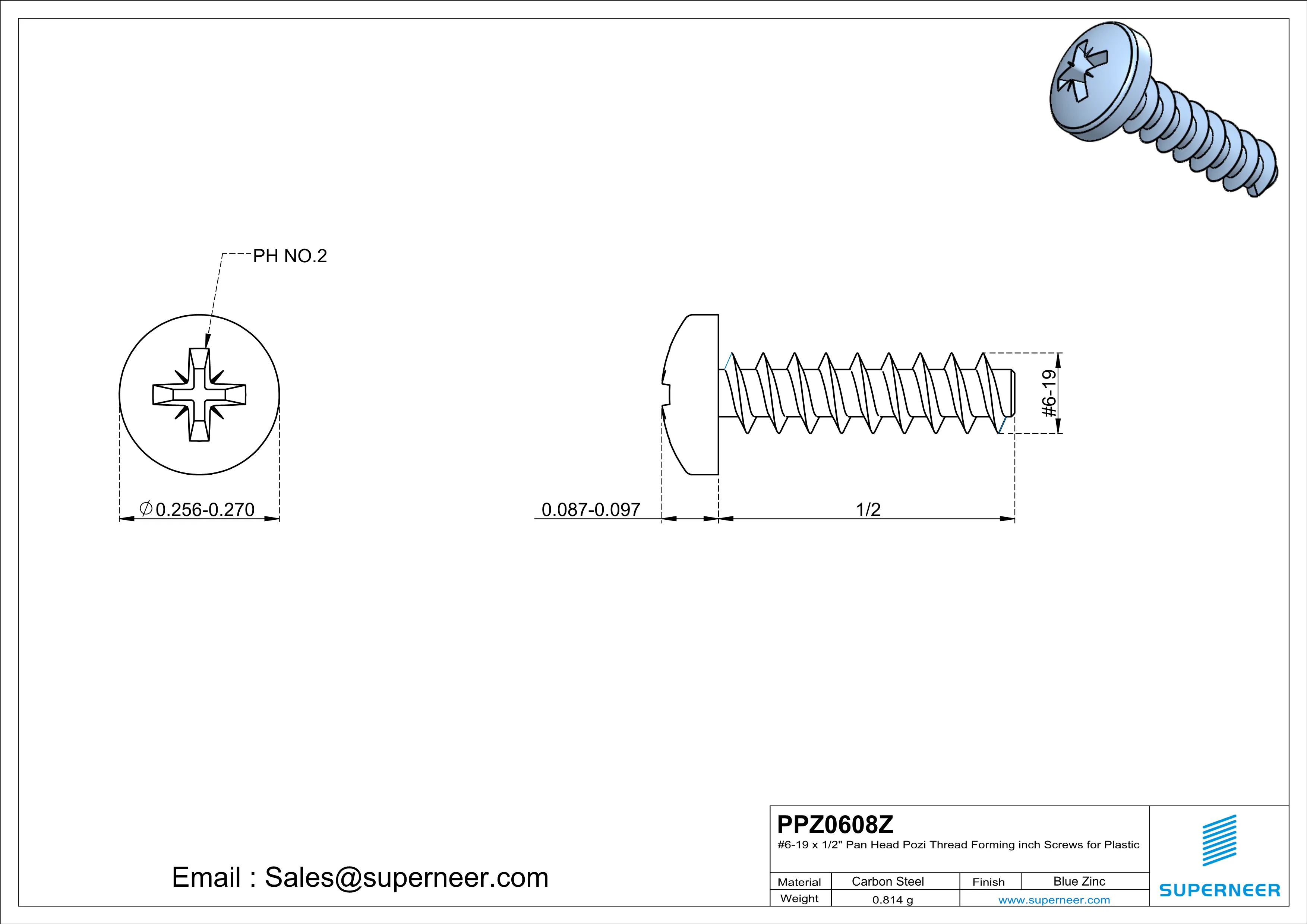 6 &times; 1/2" Pan Head Pozi Thread Forming inch Screws for Plastic  Steel Blue Zinc Plated