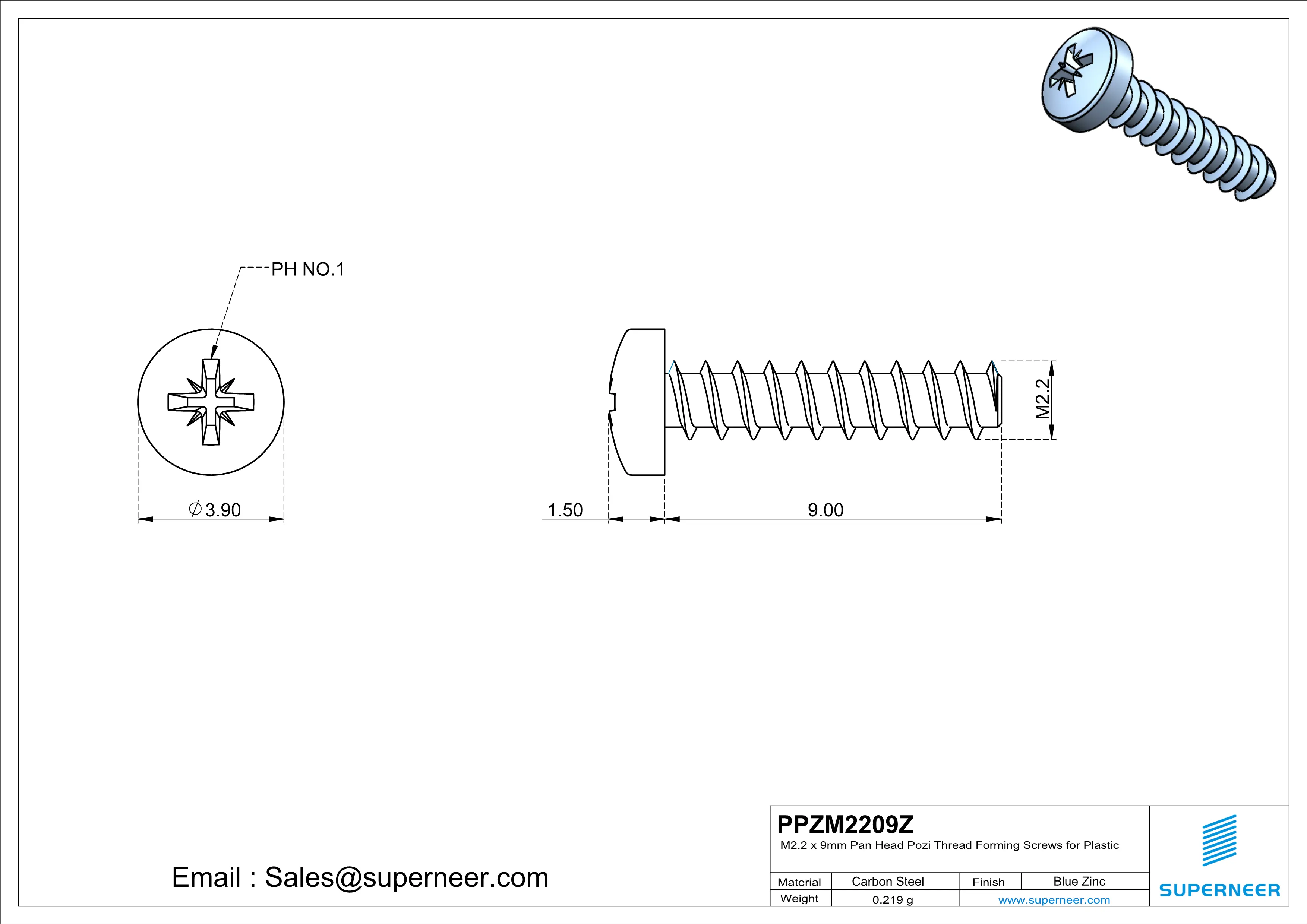M2.2 &times; 9mm  Pan Head Pozi Thread Foming Screws for Plastic   Steel Blue Zinc Plated