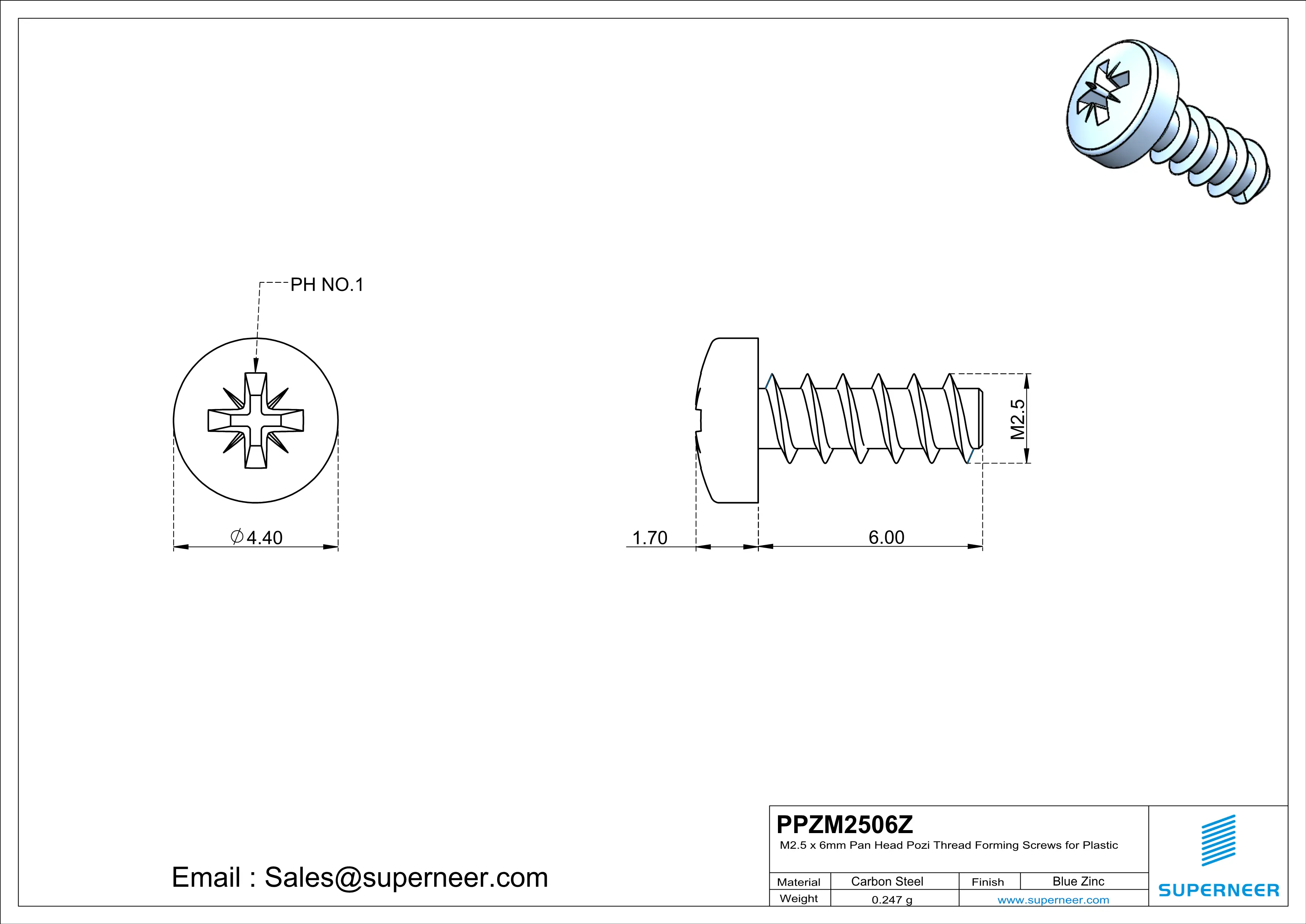 M2.5 &times; 6mm  Pan Head Pozi Thread Foming Screws for Plastic   Steel Blue Zinc Plated