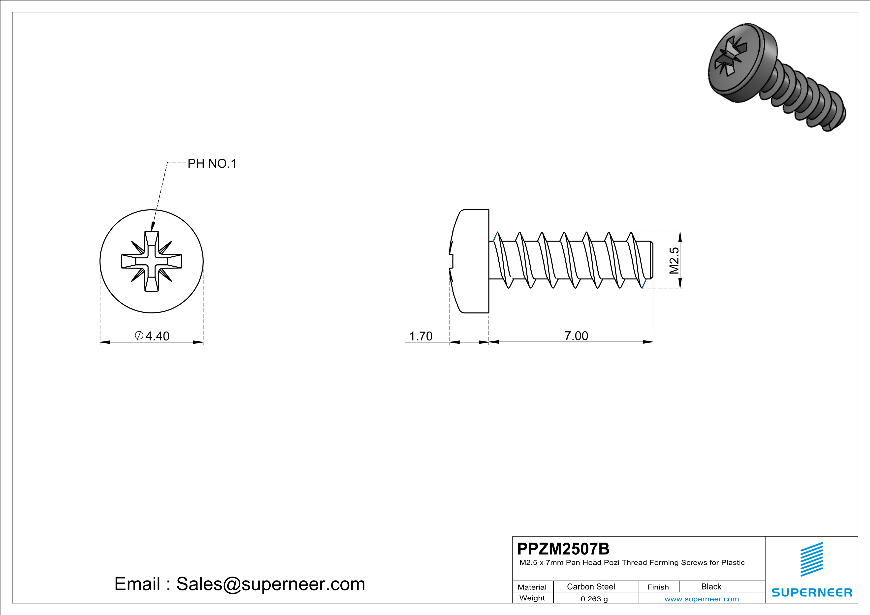 M2.5 &times; 7mm  Pan Head Pozi Thread Foming Screws for Plastic   Steel Black