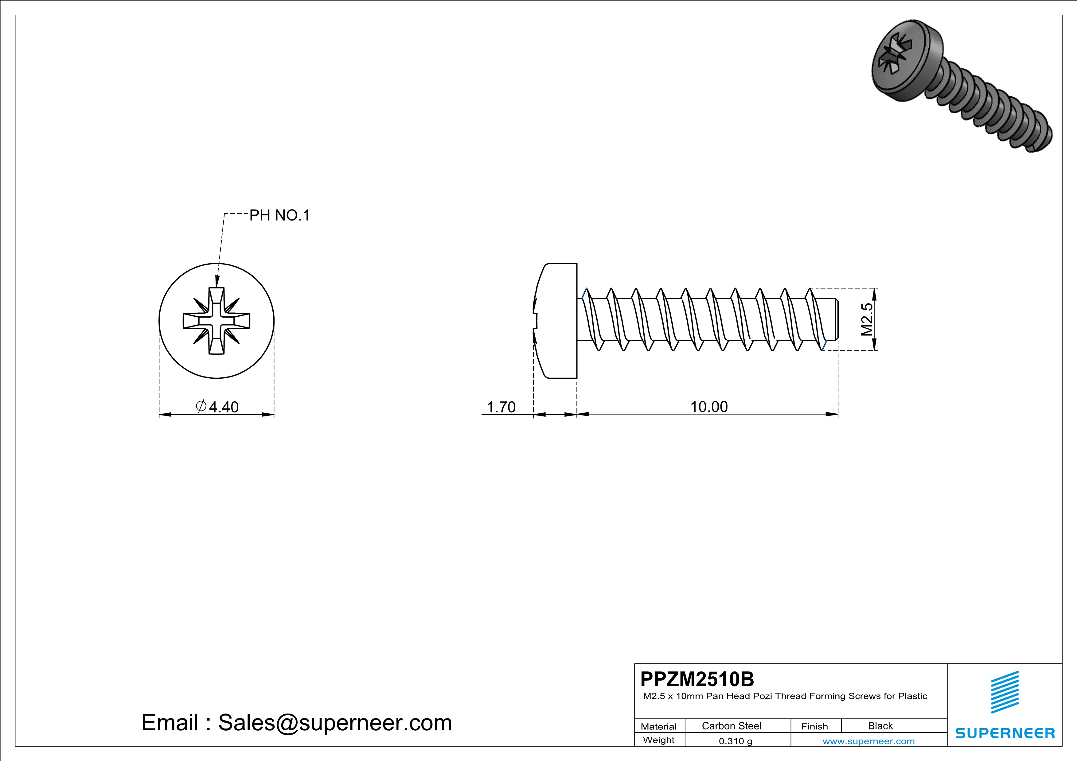 M2.5 &times; 10mm  Pan Head Pozi Thread Foming Screws for Plastic   Steel Black
