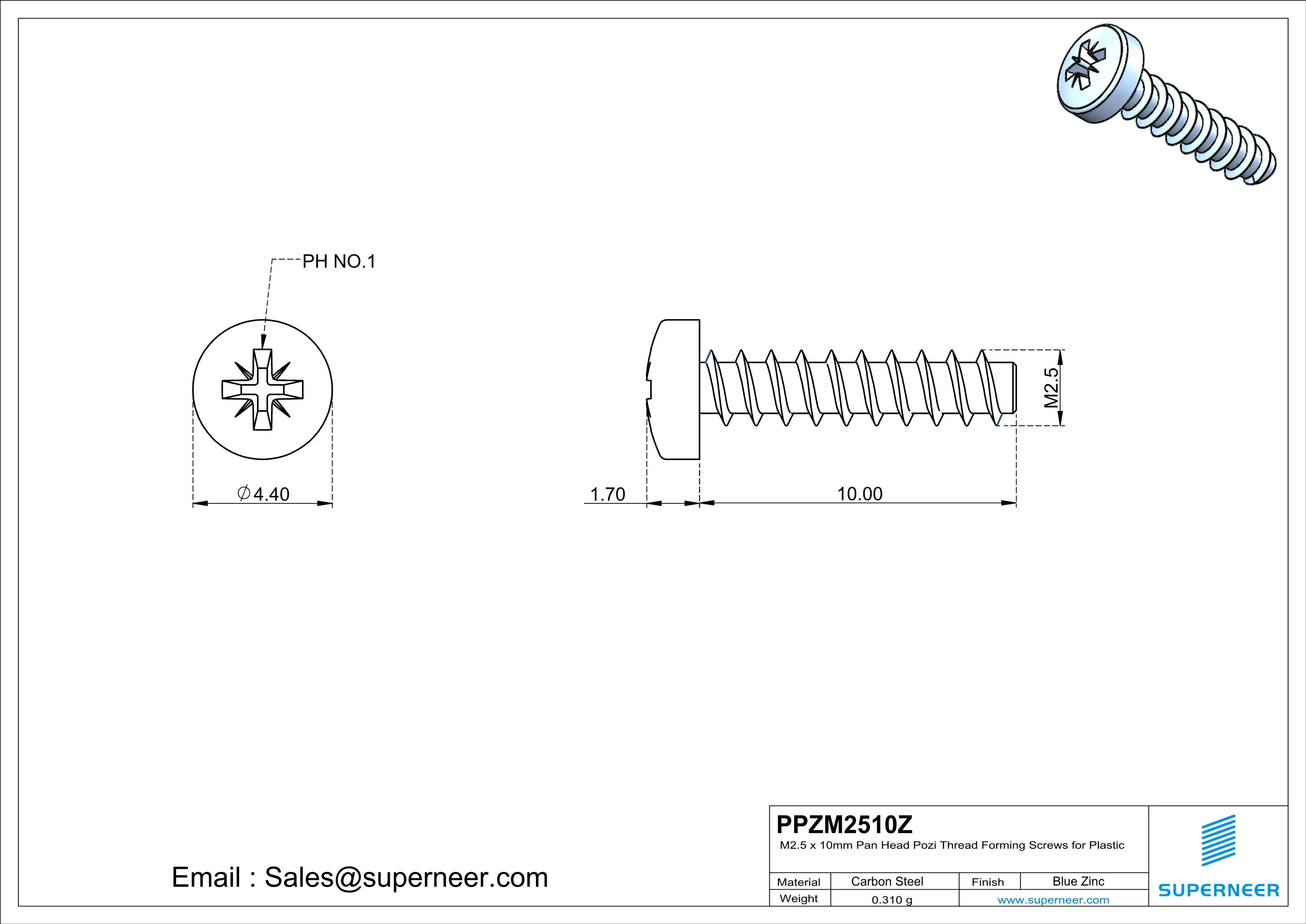 M2.5 &times; 10mm  Pan Head Pozi Thread Foming Screws for Plastic   Steel Blue Zinc Plated