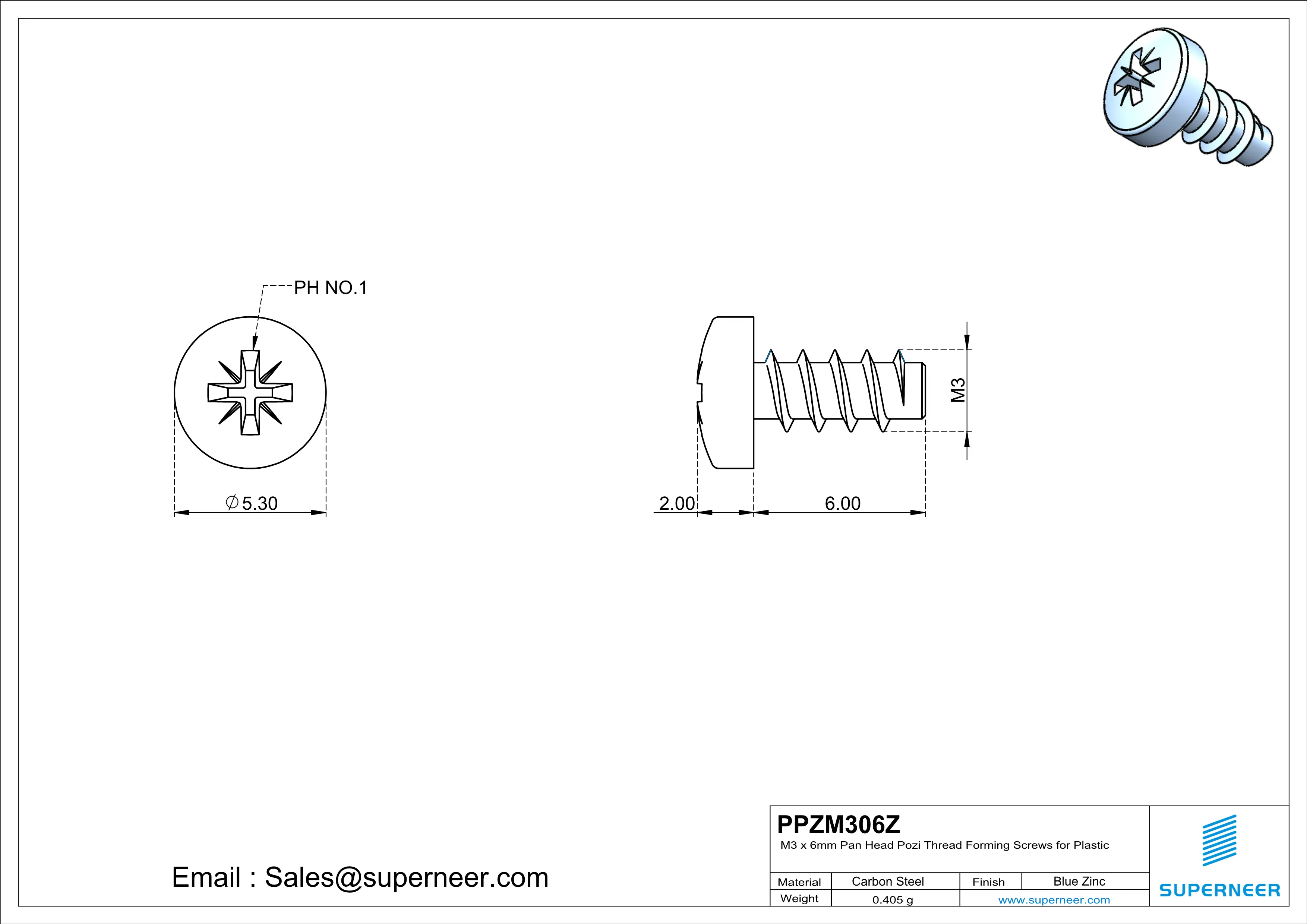M3 &times; 6mm  Pan Head Pozi Thread Foming Screws for Plastic   Steel Blue Zinc Plated