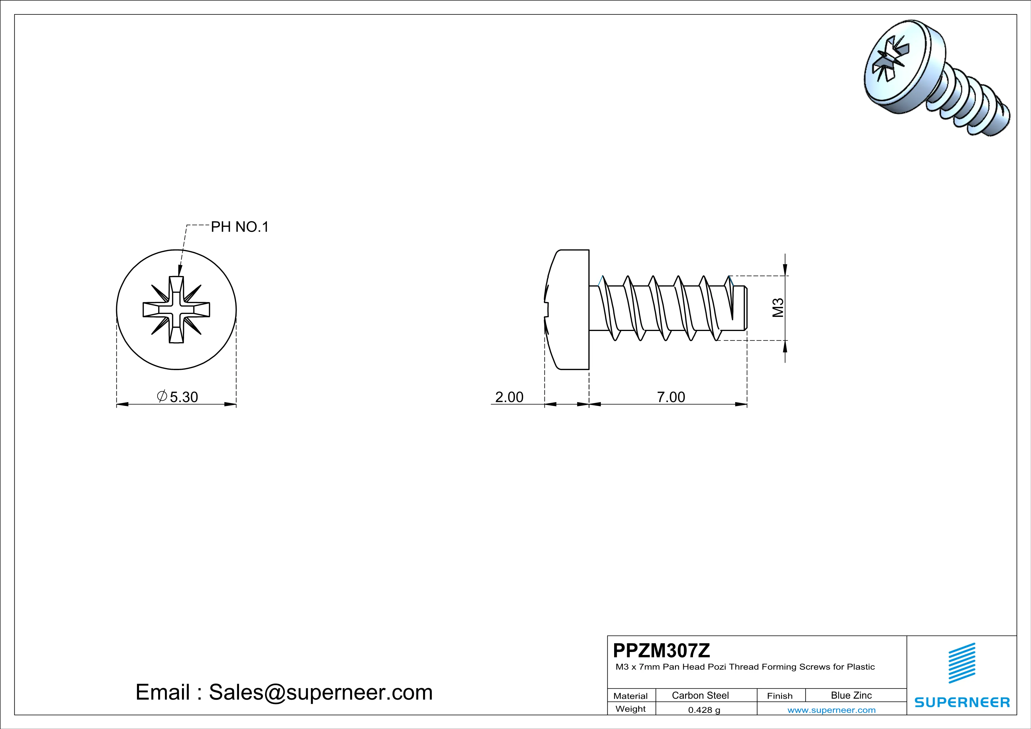 M3 &times; 7mm  Pan Head Pozi Thread Foming Screws for Plastic   Steel Blue Zinc Plated