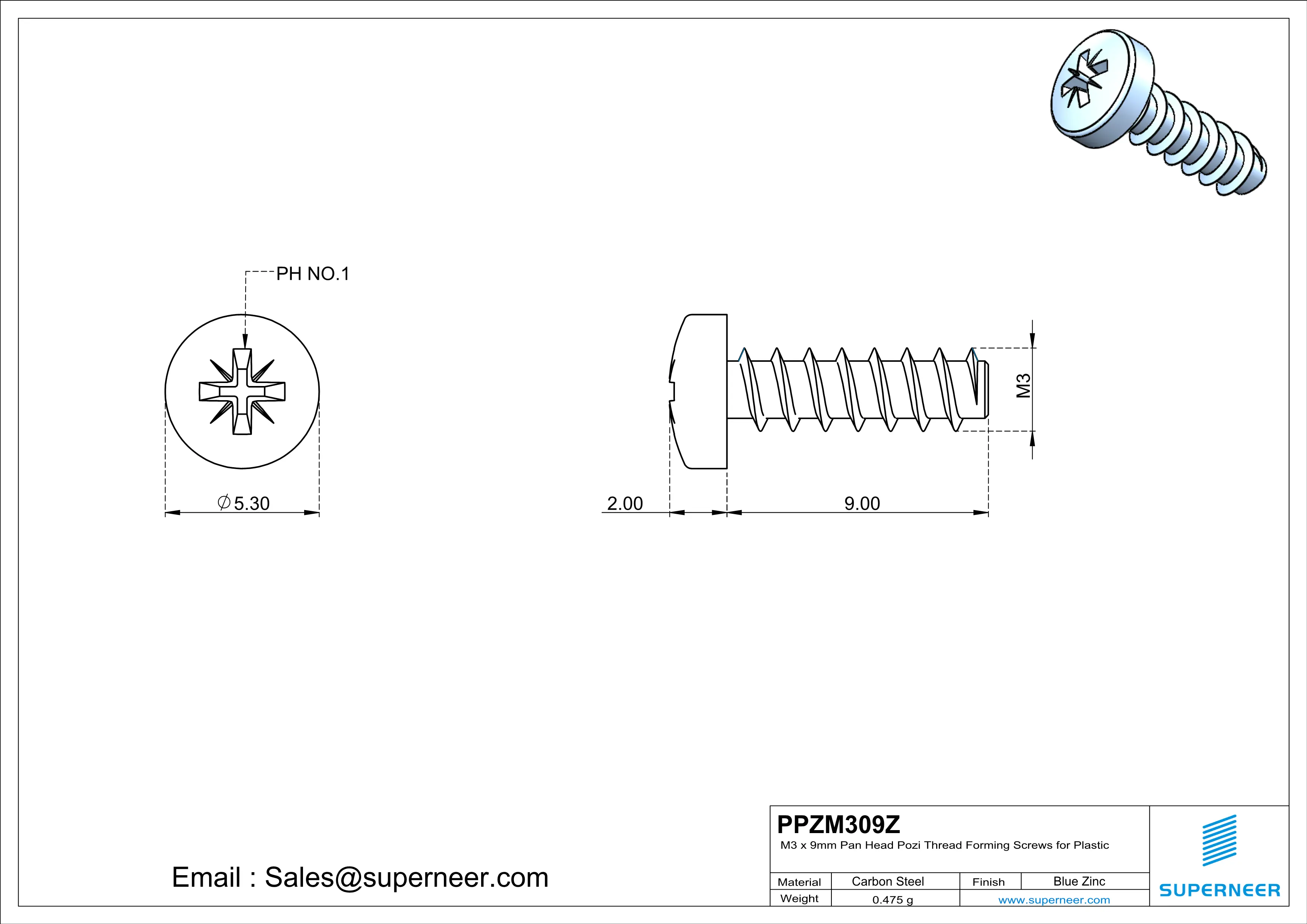 M3 &times; 9mm  Pan Head Pozi Thread Foming Screws for Plastic   Steel Blue Zinc Plated
