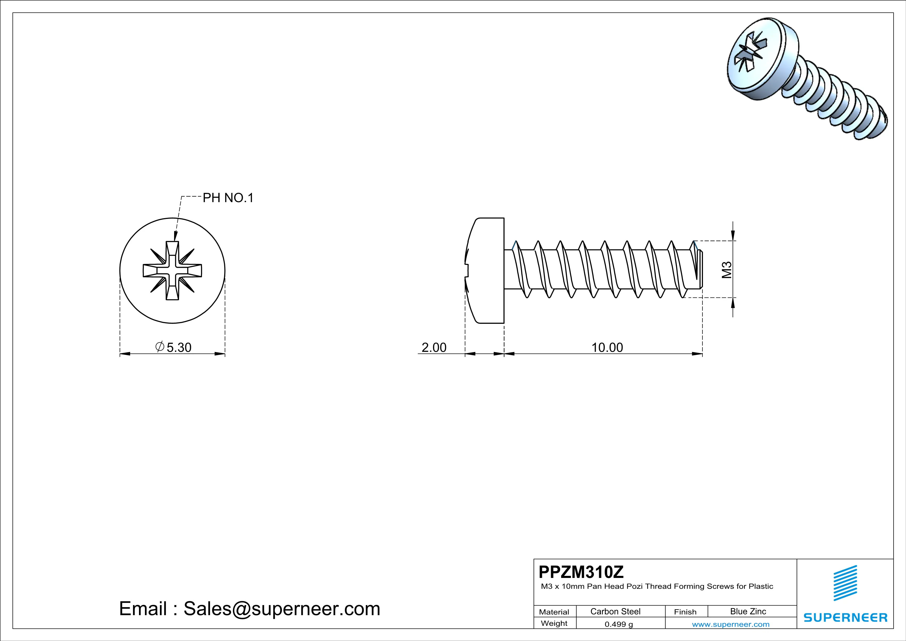 M3 &times; 10mm  Pan Head Pozi Thread Foming Screws for Plastic   Steel Blue Zinc Plated