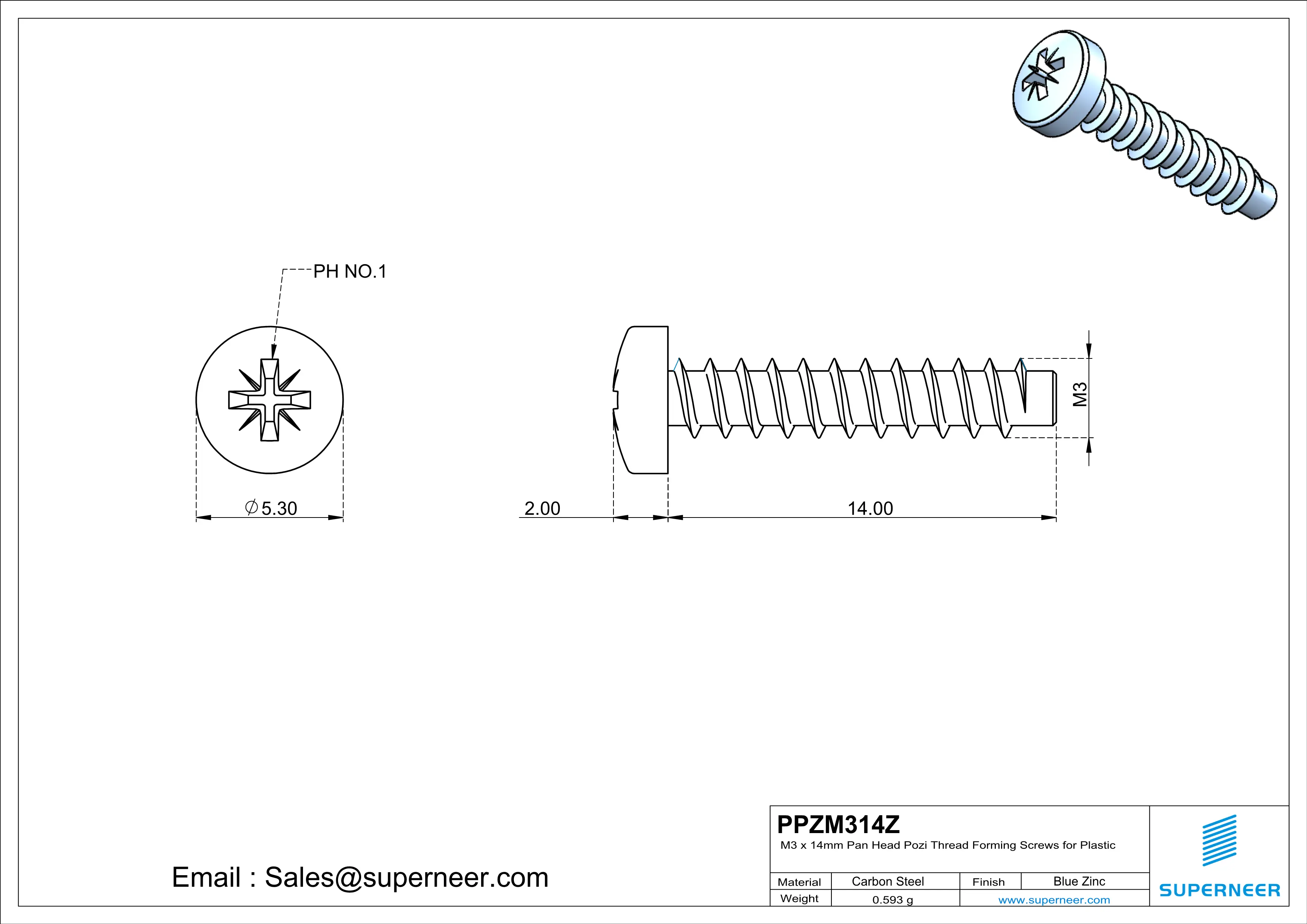M3 &times; 14mm  Pan Head Pozi Thread Foming Screws for Plastic   Steel Blue Zinc Plated