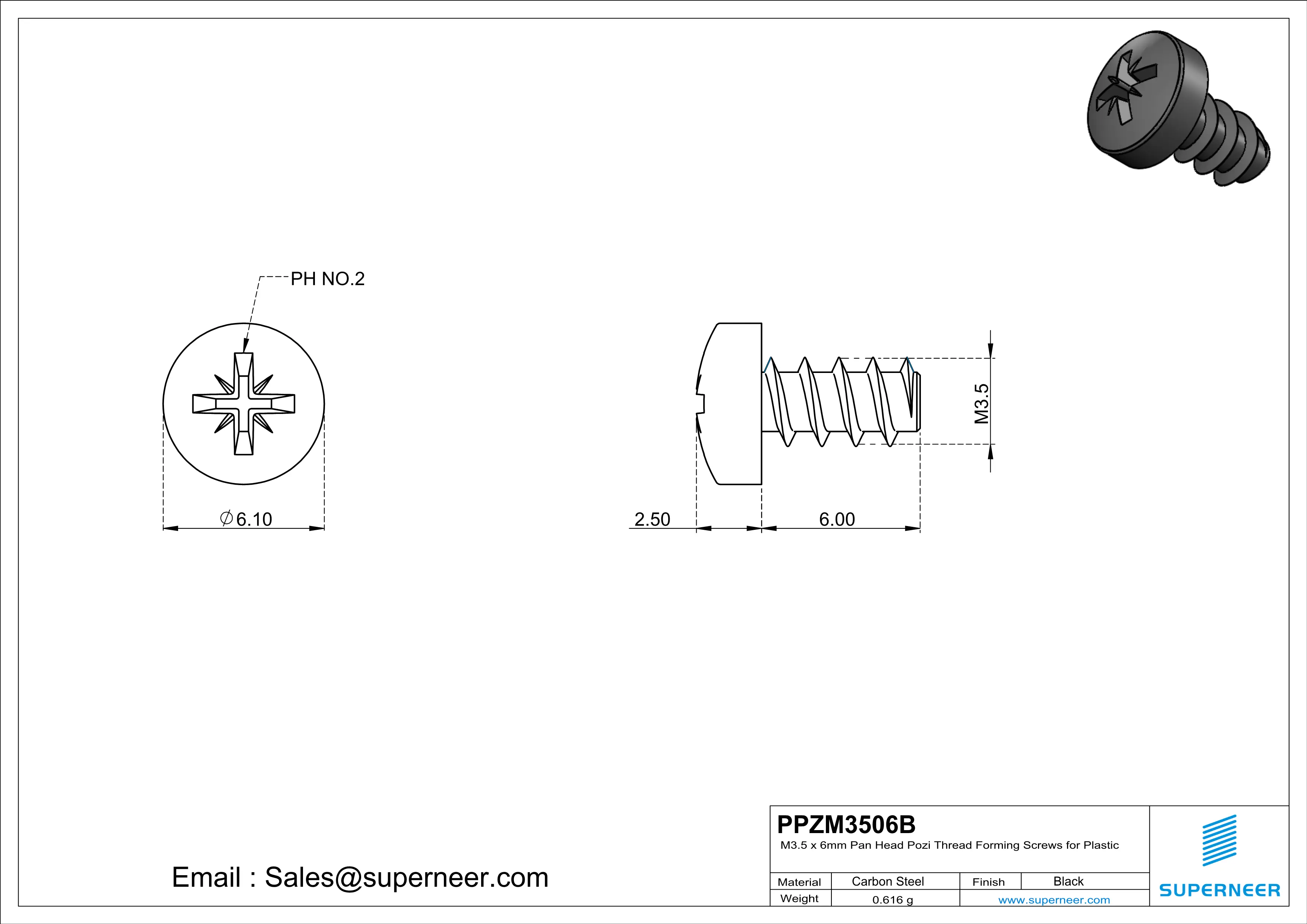 M3.5 &times; 6mm  Pan Head Pozi Thread Foming Screws for Plastic   Steel Black
