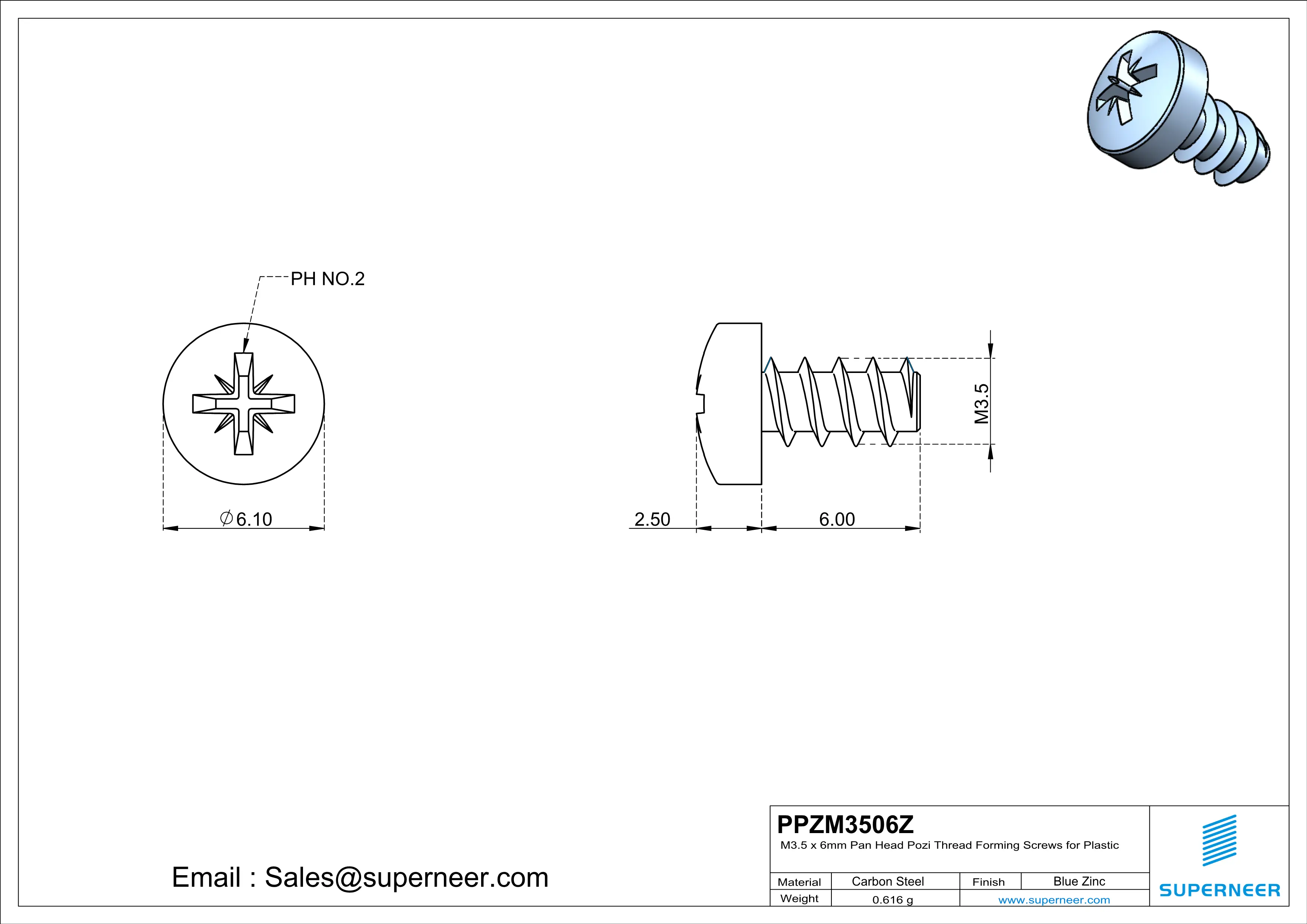 M3.5 &times; 6mm  Pan Head Pozi Thread Foming Screws for Plastic   Steel Blue Zinc Plated